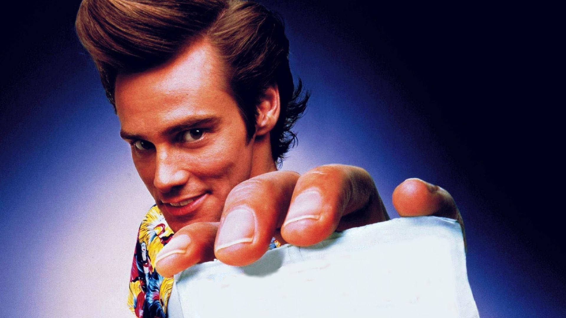 Jim Carrey, blue gradient background, white object, Full HD Desktop Wallpaper