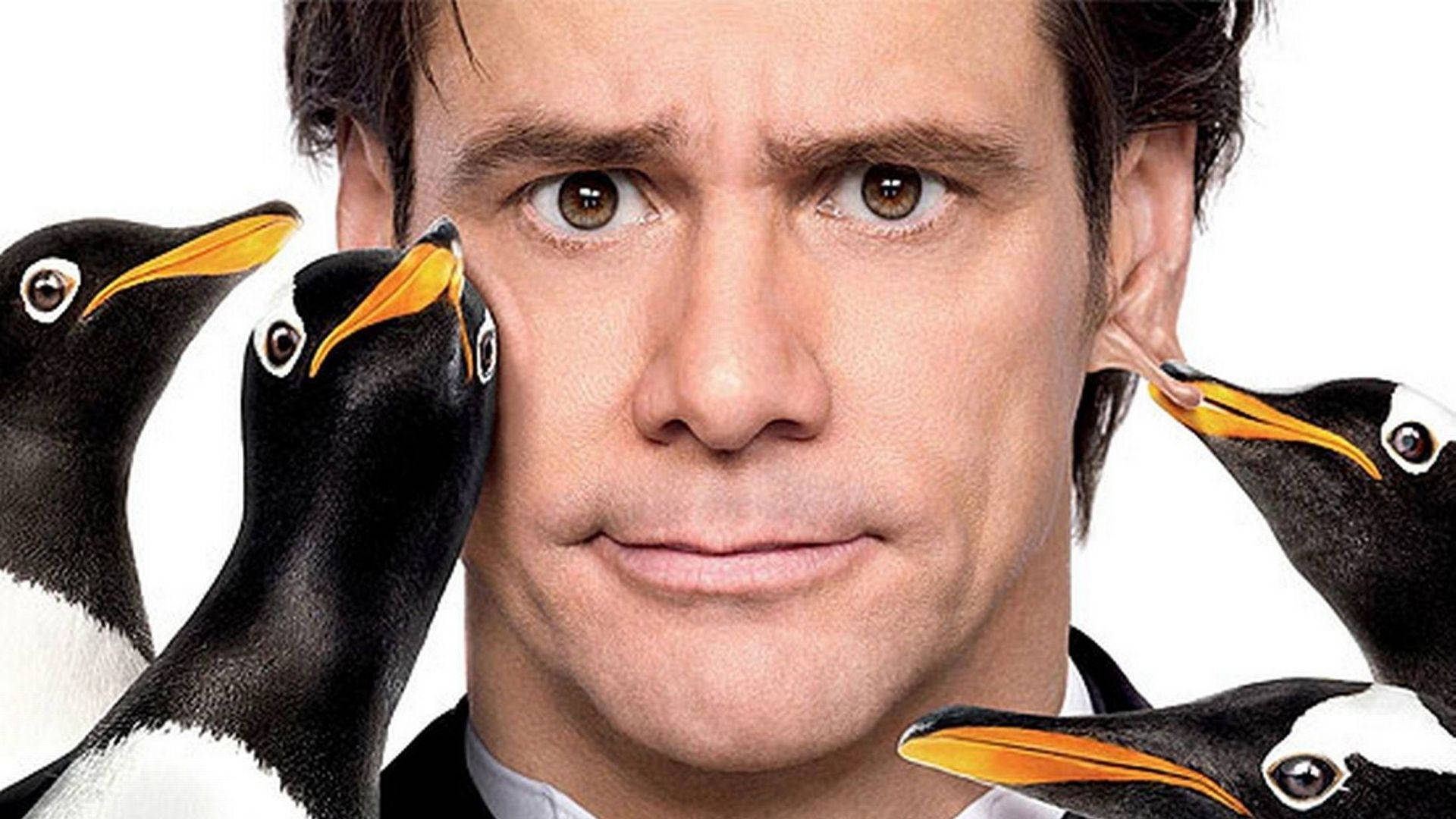 Jim Carrey, silly penguins, surprised expression, Full HD Desktop Wallpaper