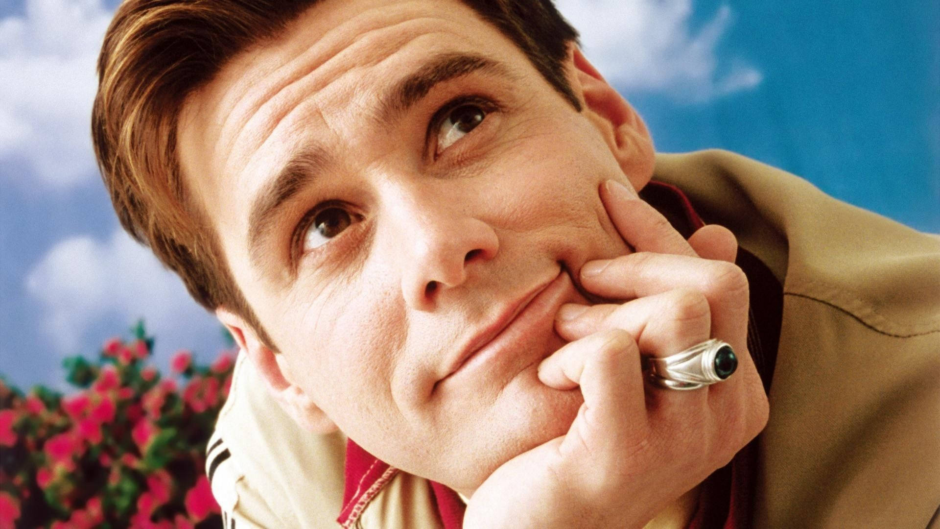 Jim Carrey, bright blue sky, pink flowers, Full HD Desktop Wallpaper