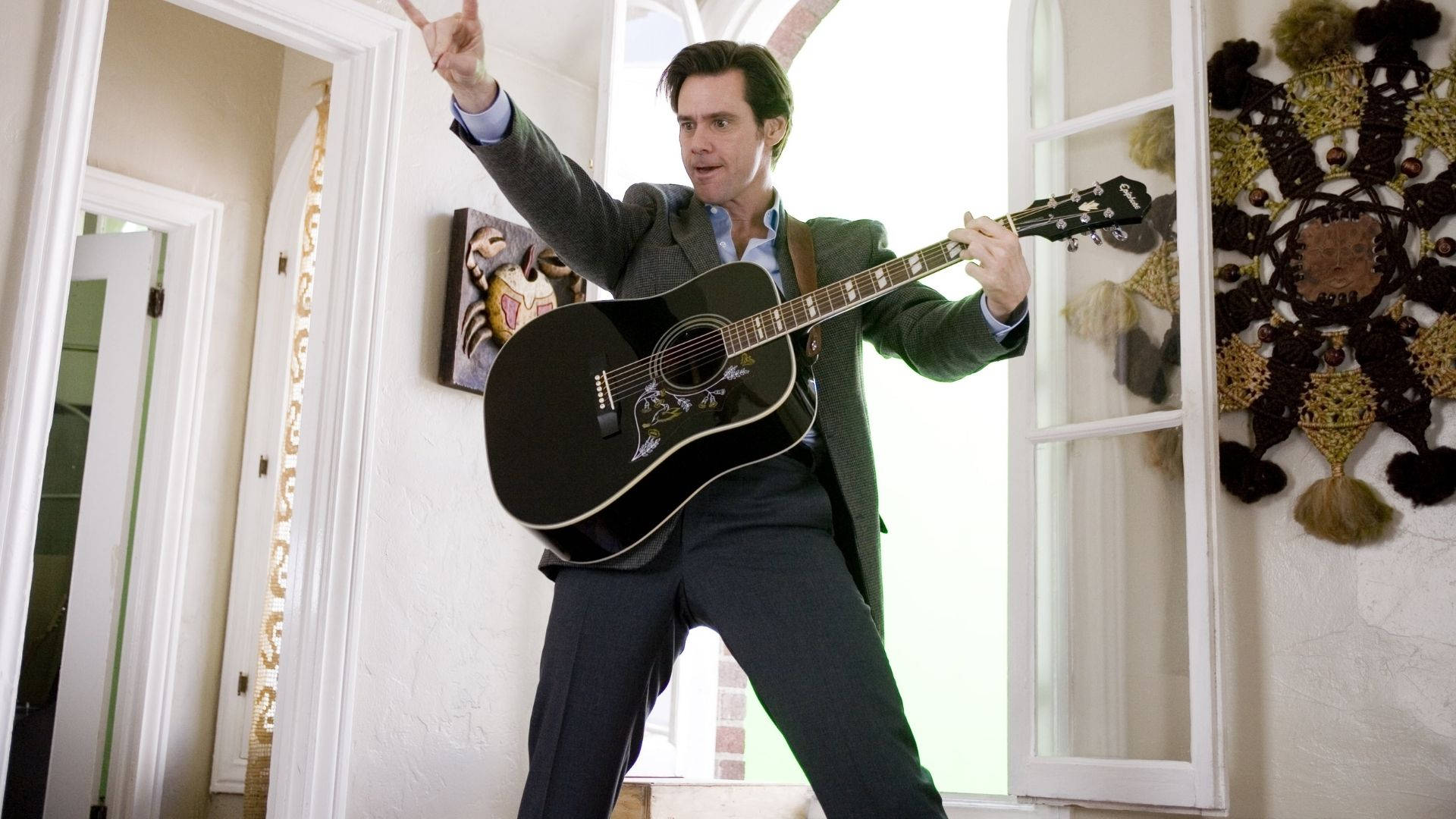 Jim Carrey, black acoustic guitar, brightly lit hallway, Full HD Desktop Wallpaper