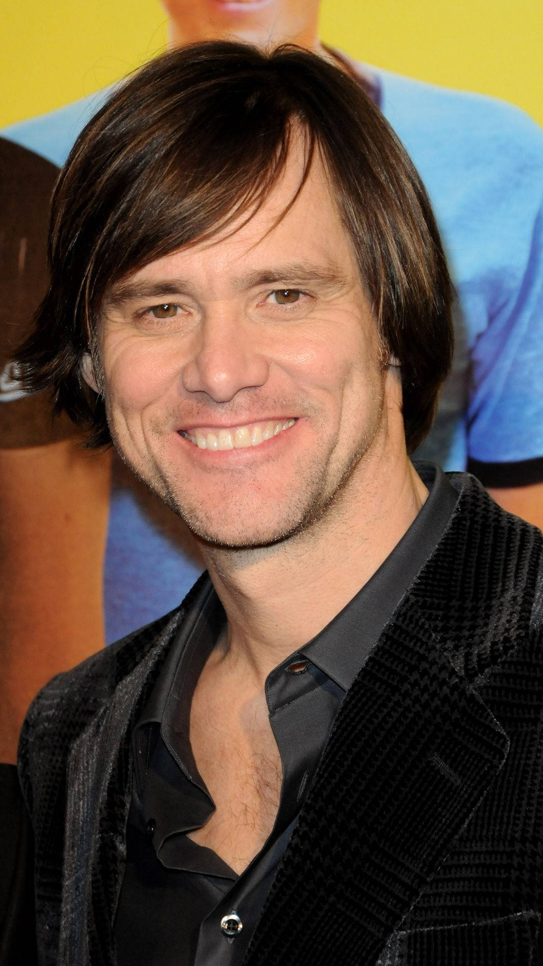 Jim Carrey, long hair, black textured jacket, Full HD Phone Wallpaper