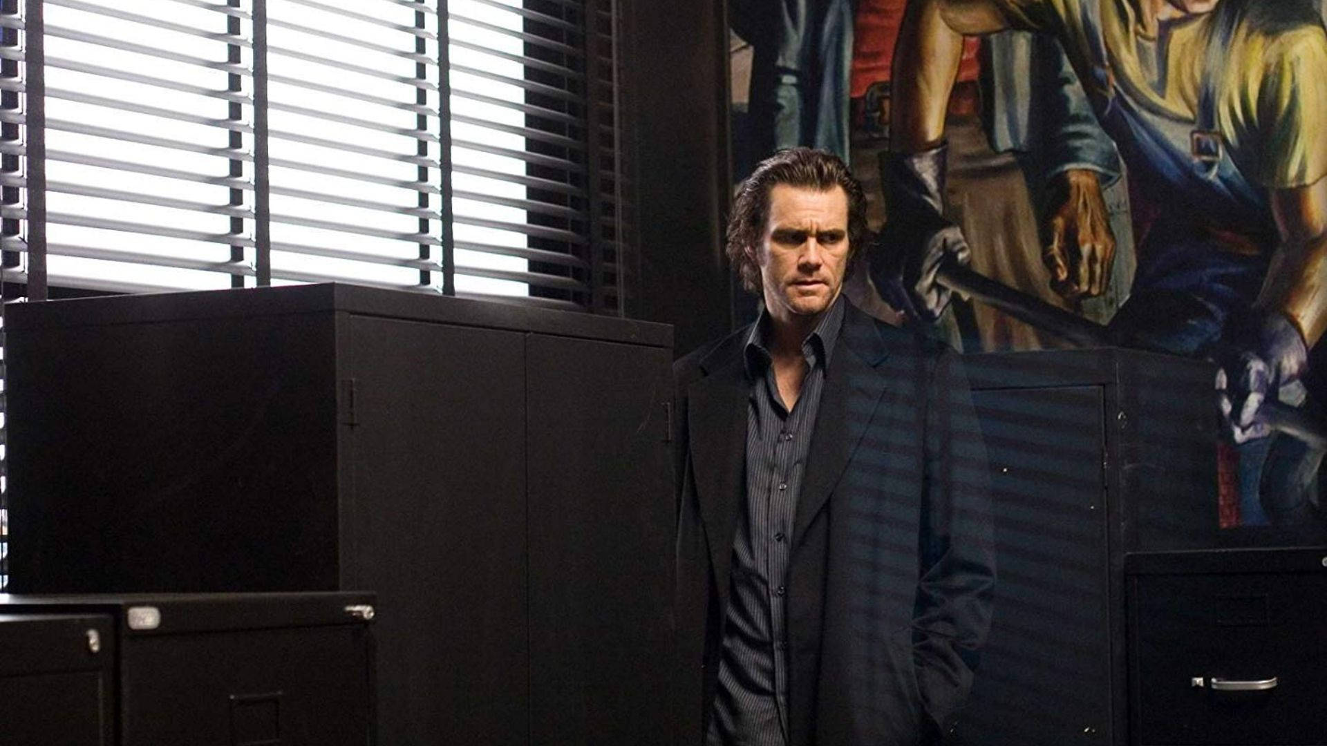 Jim Carrey, dark suit, office, Full HD Desktop Wallpaper