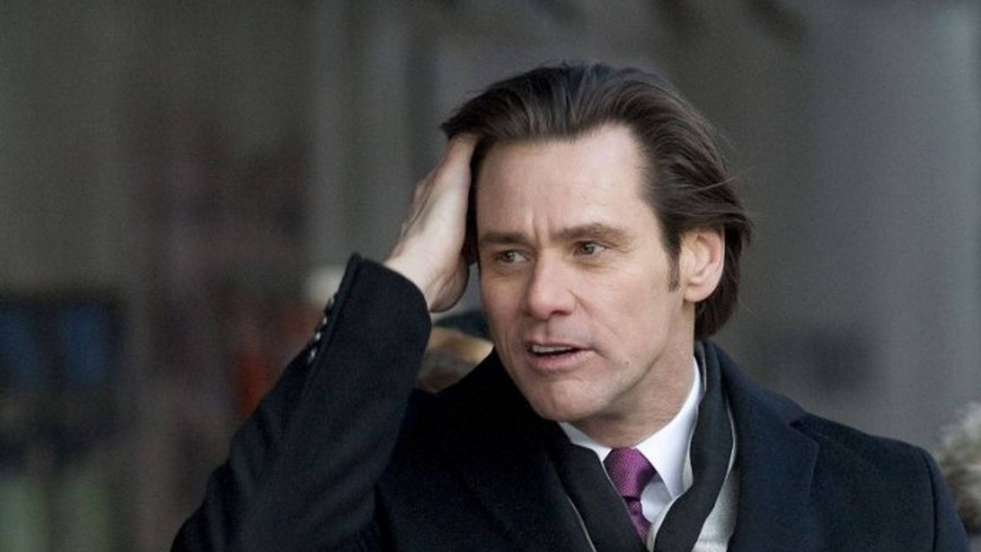 Jim Carrey, dark coat, purple tie, Full HD Desktop Wallpaper