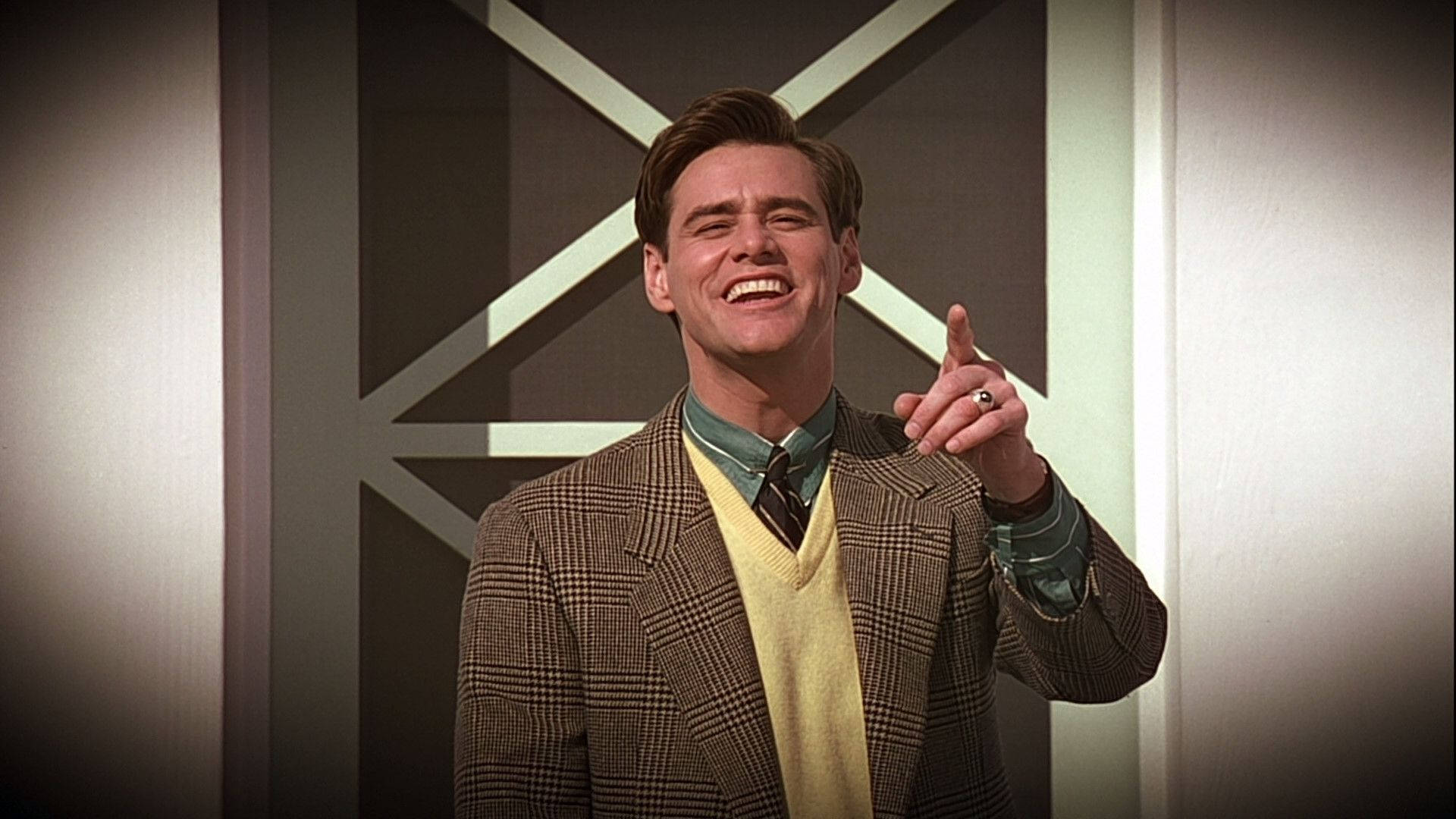 Jim Carrey, plaid blazer, yellow sweater, Full HD Desktop Wallpaper