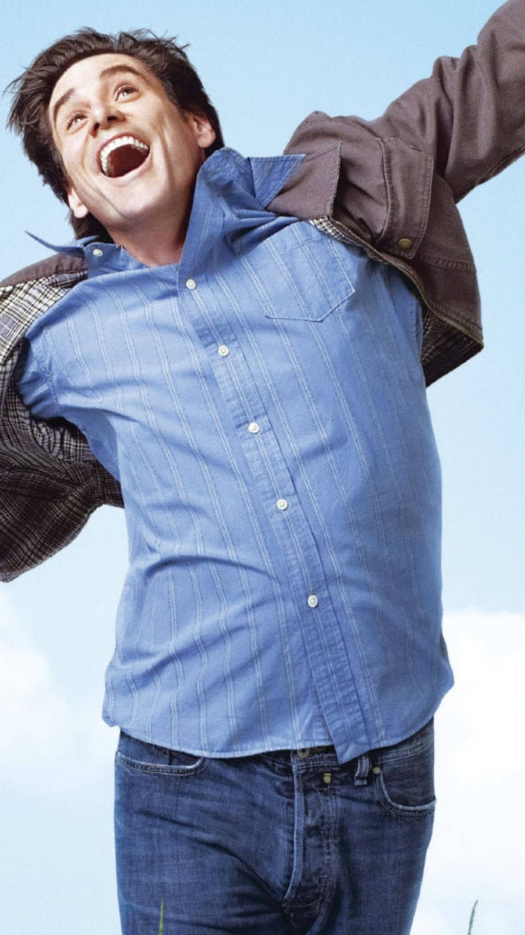 Jim Carrey, blue shirt, jeans, Full HD Phone Wallpaper