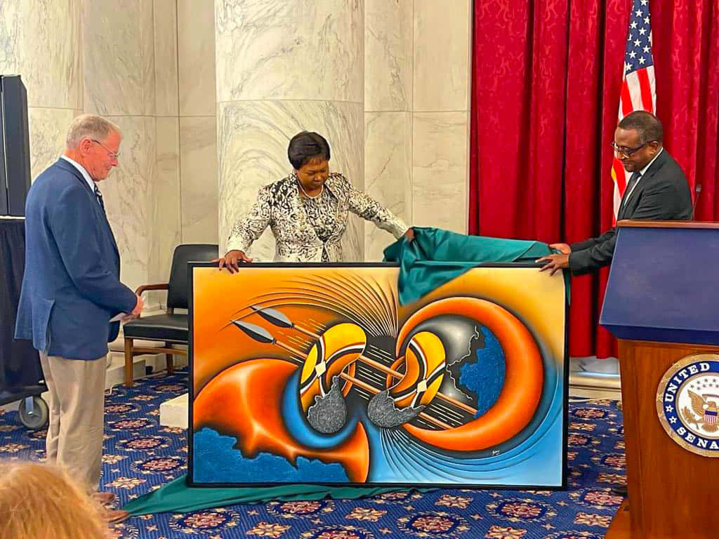 Jim Inhofe, vibrant abstract painting, swirling orange blue and silver forms, SD Desktop Wallpaper