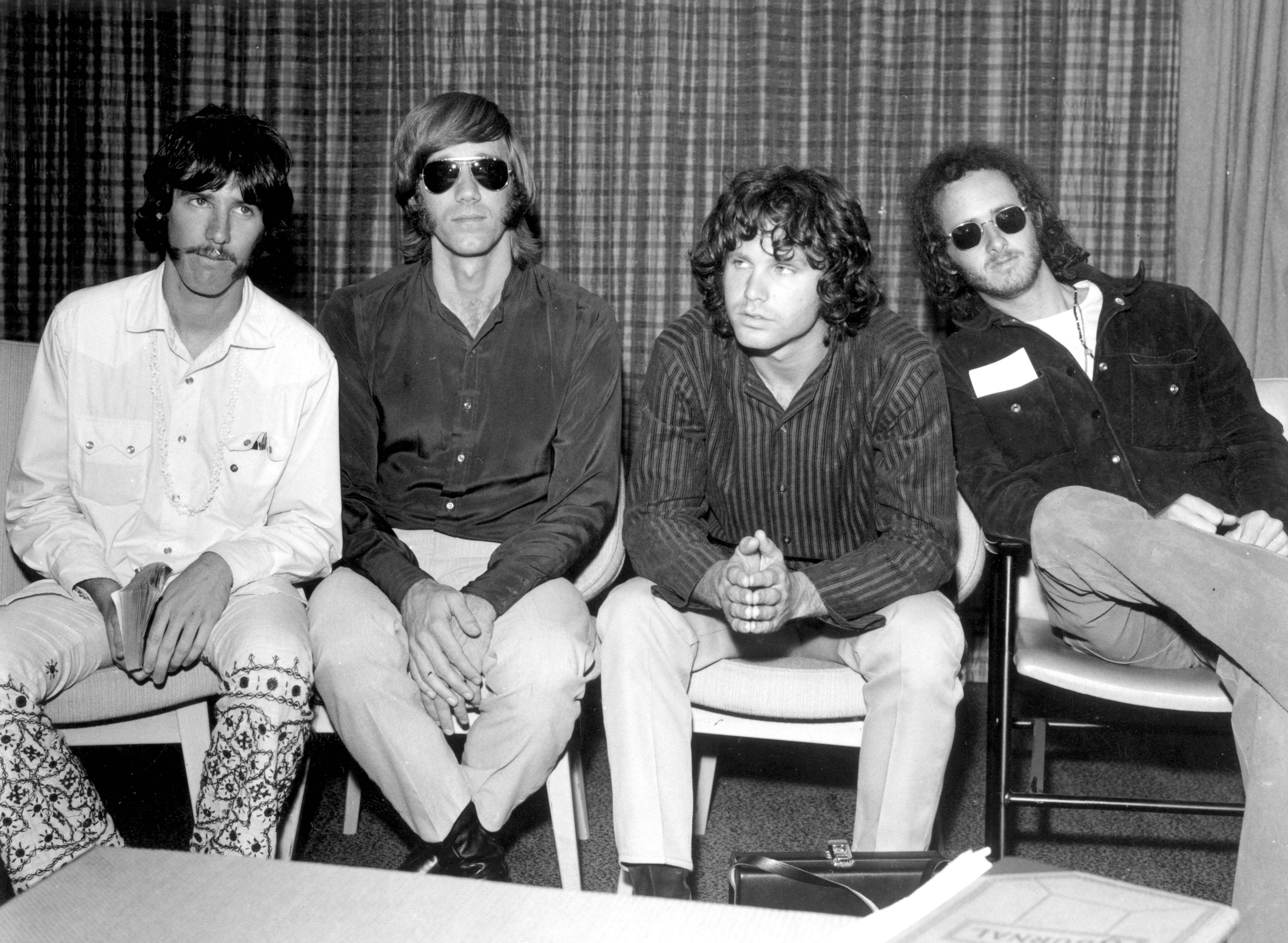 Jim Morrison, plaid curtain, vintage black-and-white photo, 2K Desktop Wallpaper