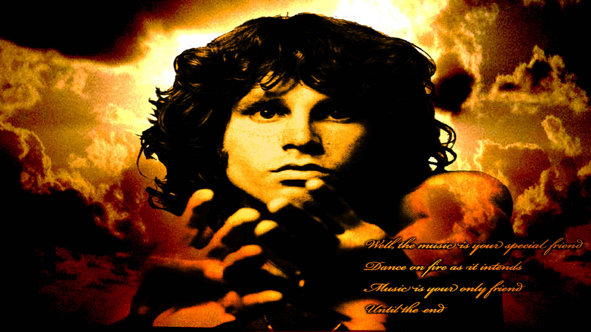 Jim Morrison, curly hair, fiery orange and yellow stormy sky, Full HD Desktop Wallpaper