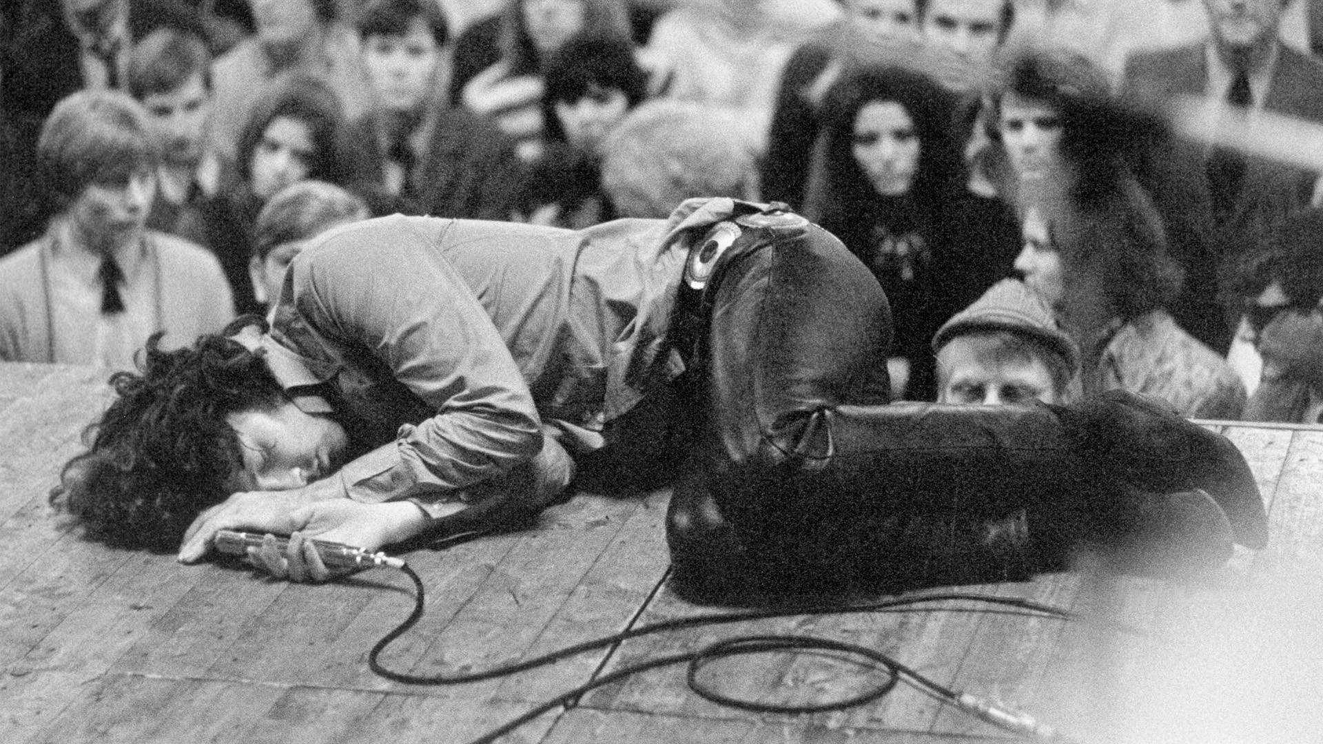 Jim Morrison, wooden stage floor, microphone, Full HD Desktop Wallpaper