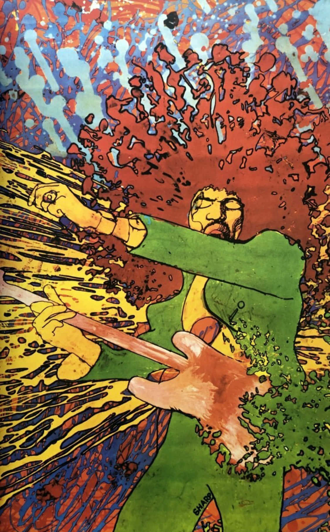 Jimi Hendrix, green suit, red blue and yellow abstract splatters, HD Phone Wallpaper