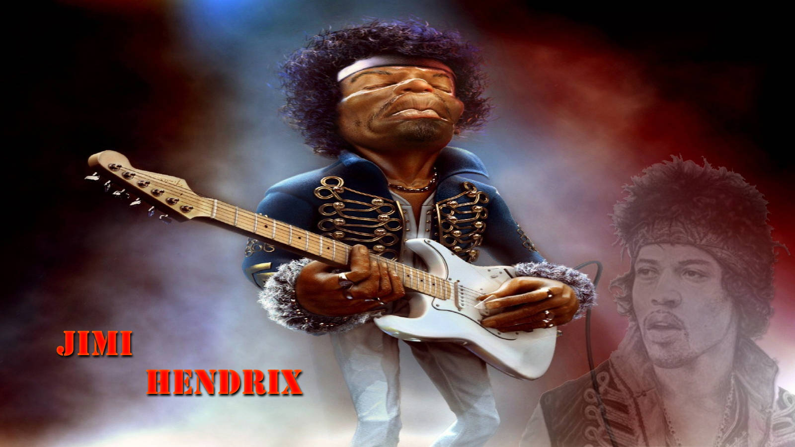 Jimi Hendrix, white electric guitar, red and blue stage lights, HD Desktop Wallpaper