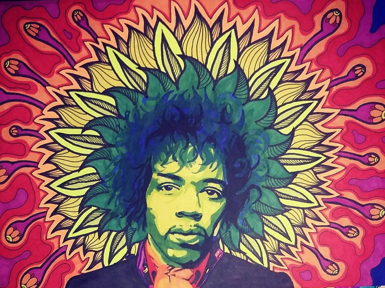Jimi Hendrix, sunflower halo, swirling red purple background, SD Desktop Wallpaper