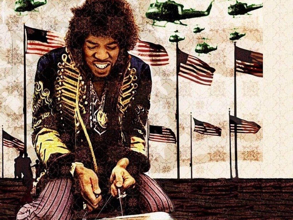 Jimi Hendrix, American flag, helicopters, SD Desktop Wallpaper