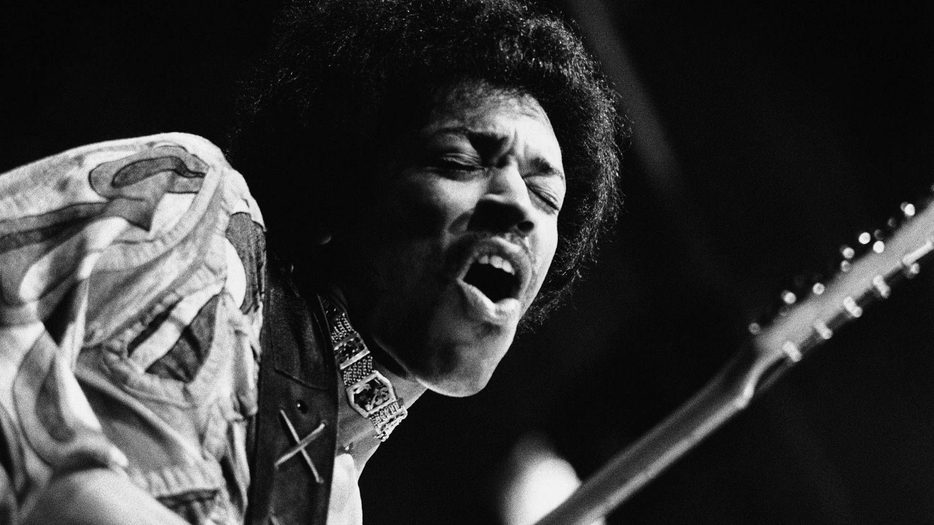 Jimi Hendrix, guitar, black and white, Full HD Desktop Wallpaper