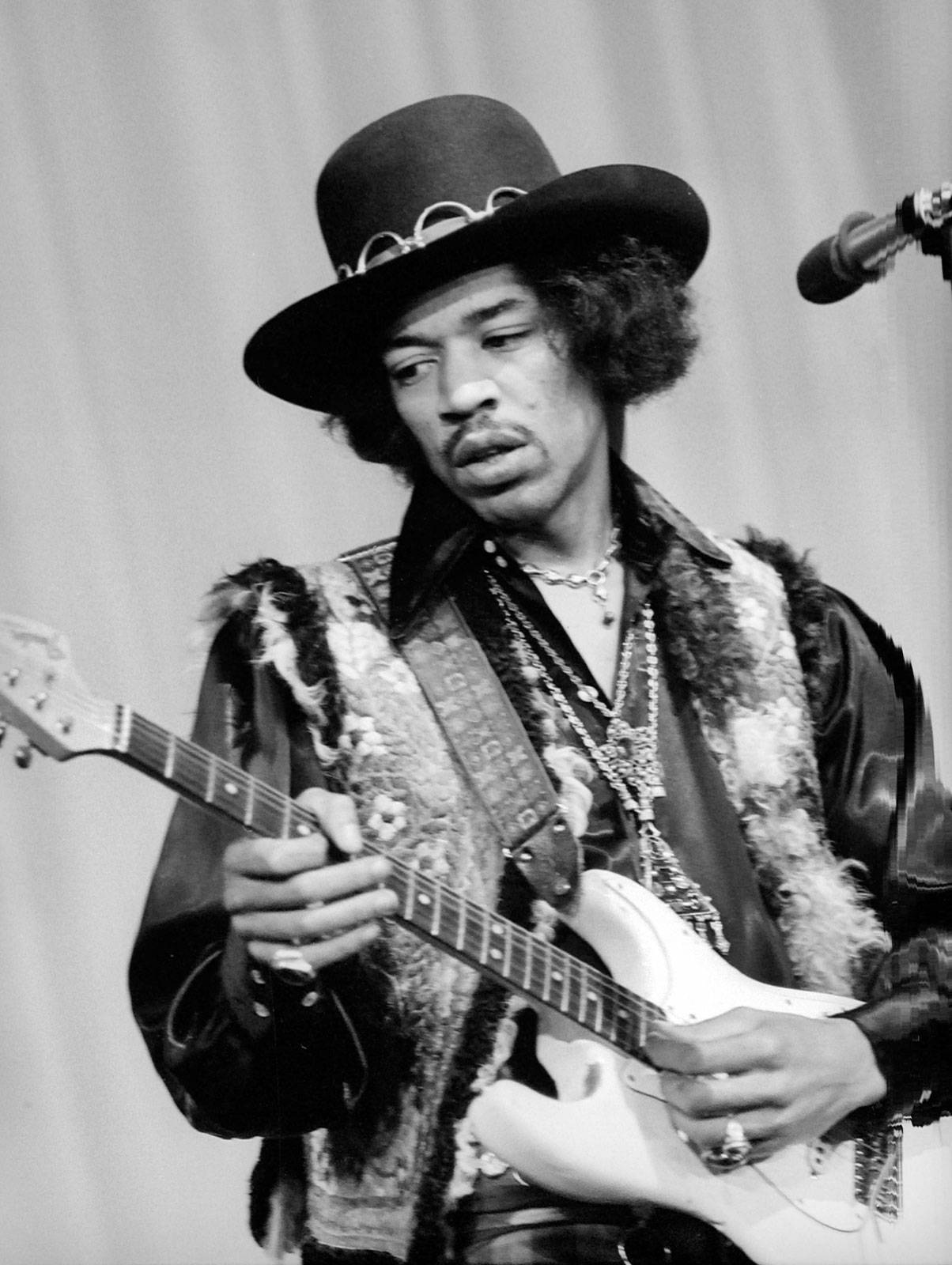 Jimi Hendrix, white electric guitar, wide-brimmed hat, HD Phone Wallpaper