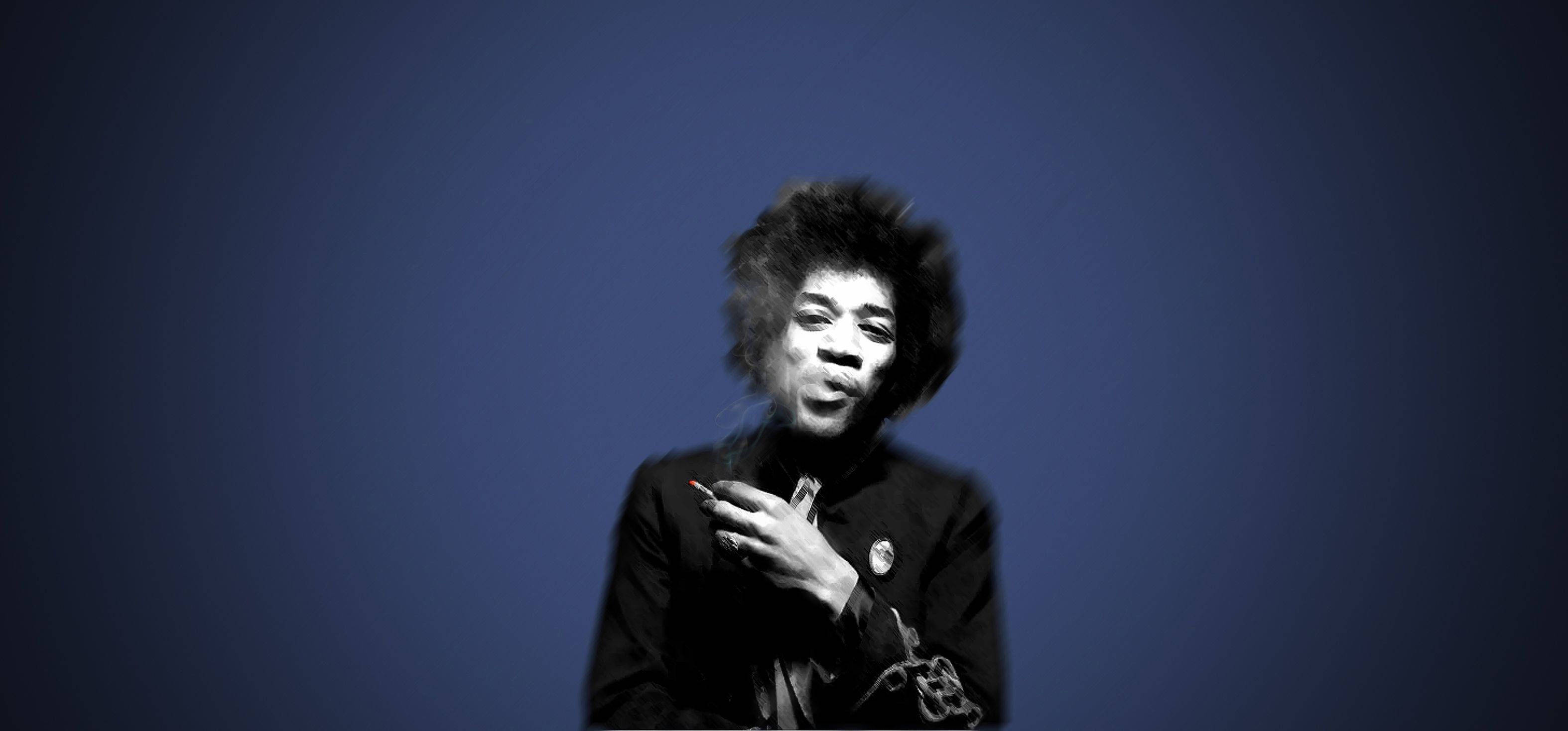 Jimi Hendrix, indigo background, monochrome portrait, 2K Desktop Wallpaper