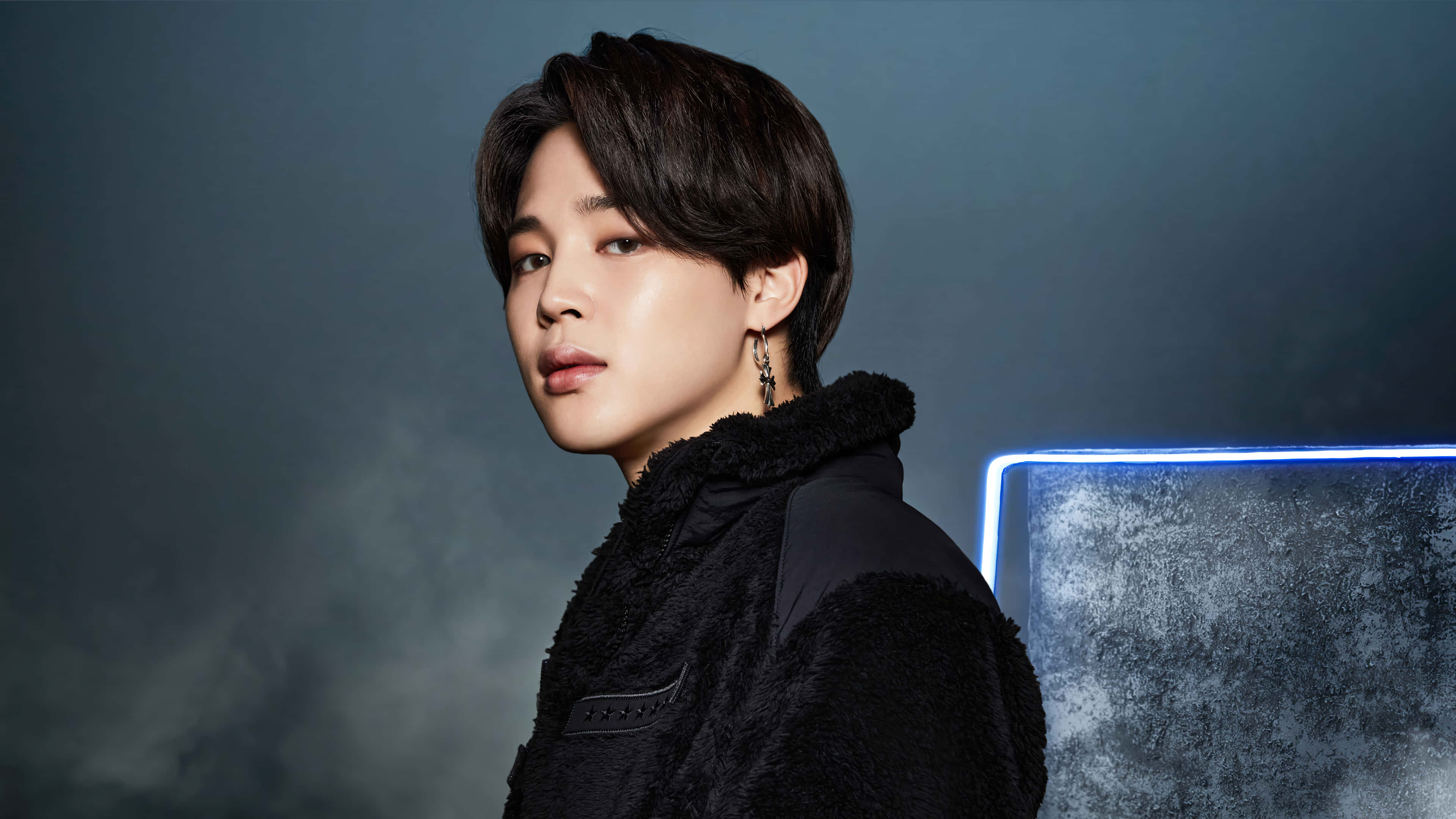 BTS Jimin, black fluffy jacket, smoky gray background, 4K Desktop Wallpaper