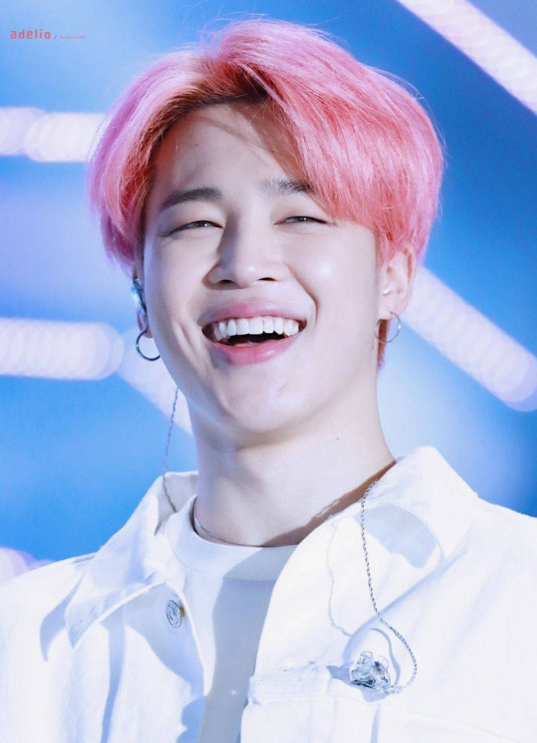 Jimin BTS, vibrant pink hair, bright blue stage lights, HD Phone Wallpaper