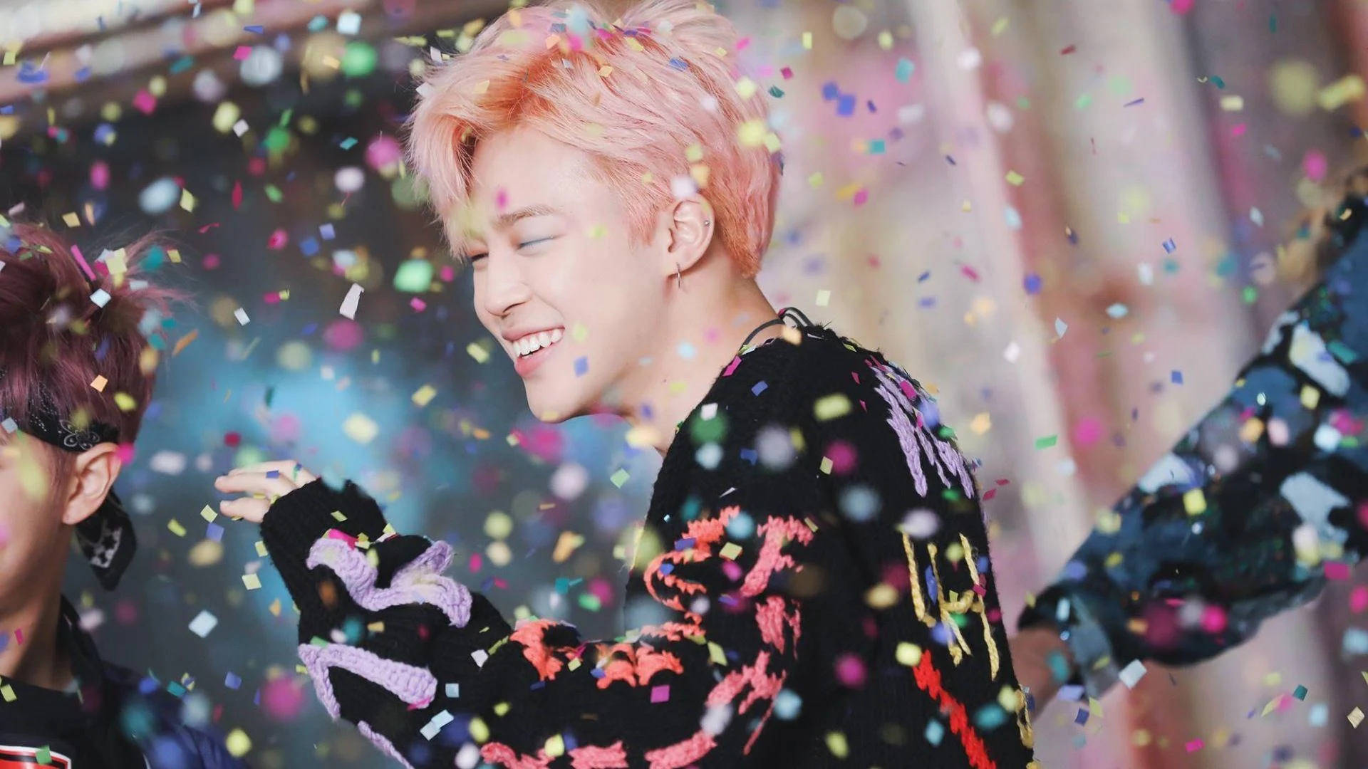 Jimin BTS, pink hair, confetti, Full HD Desktop Wallpaper
