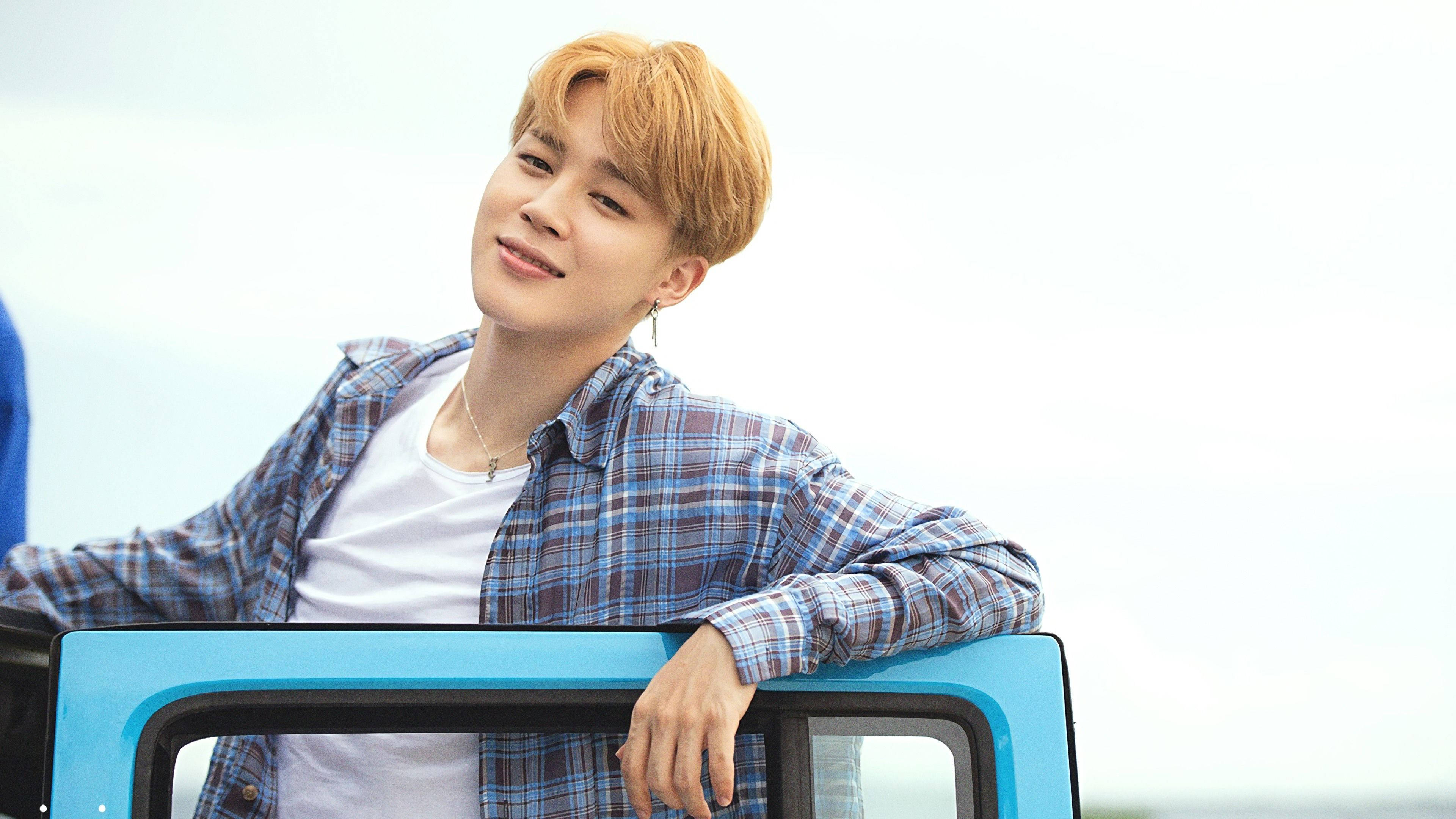 Jimin BTS, orange hair, bright blue car door, 4K Desktop Wallpaper
