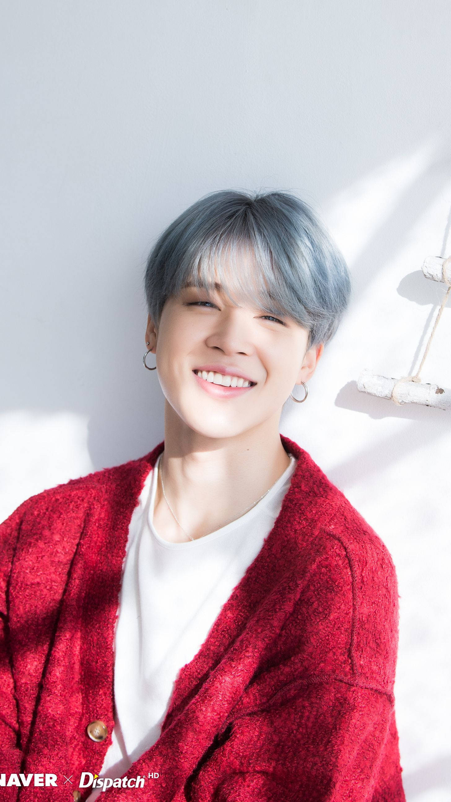 Jimin BTS, blue hair, red cardigan, 2K Phone Wallpaper