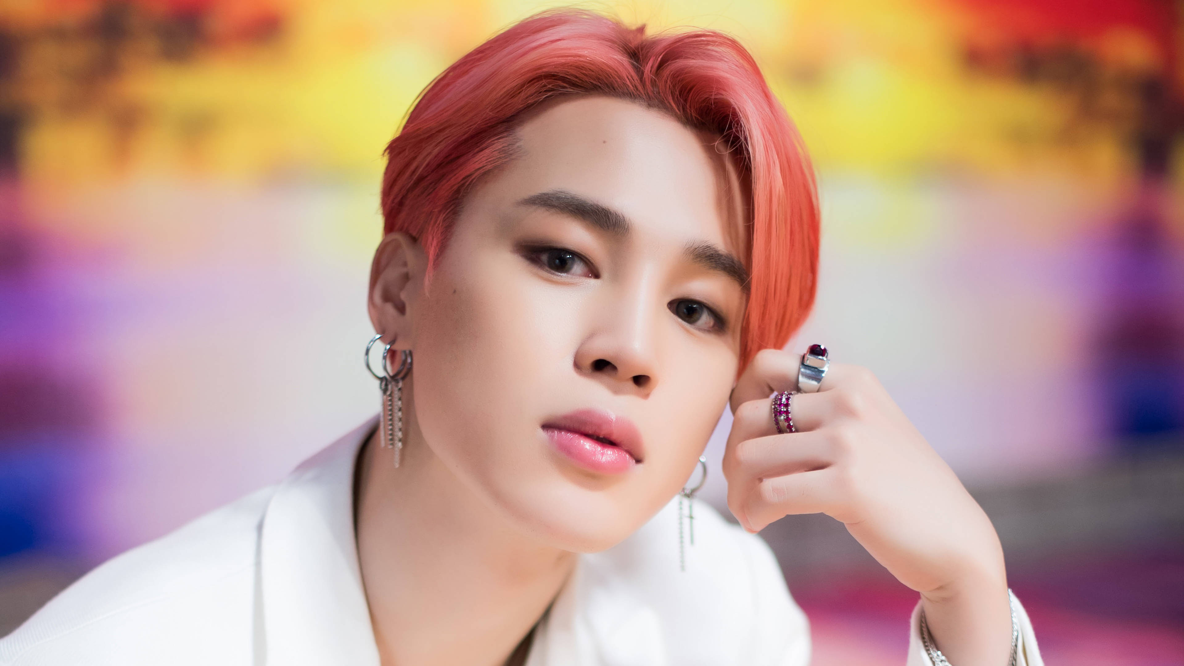 Jimin BTS, vibrant red hair, silver earrings, 4K Desktop Wallpaper