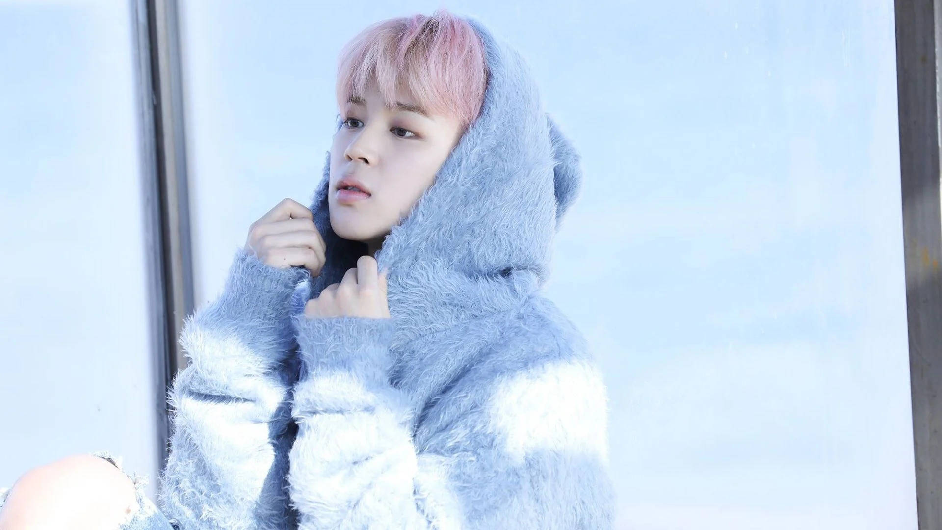 Jimin BTS, pink hair, fluffy blue hooded jacket, Full HD Desktop Wallpaper