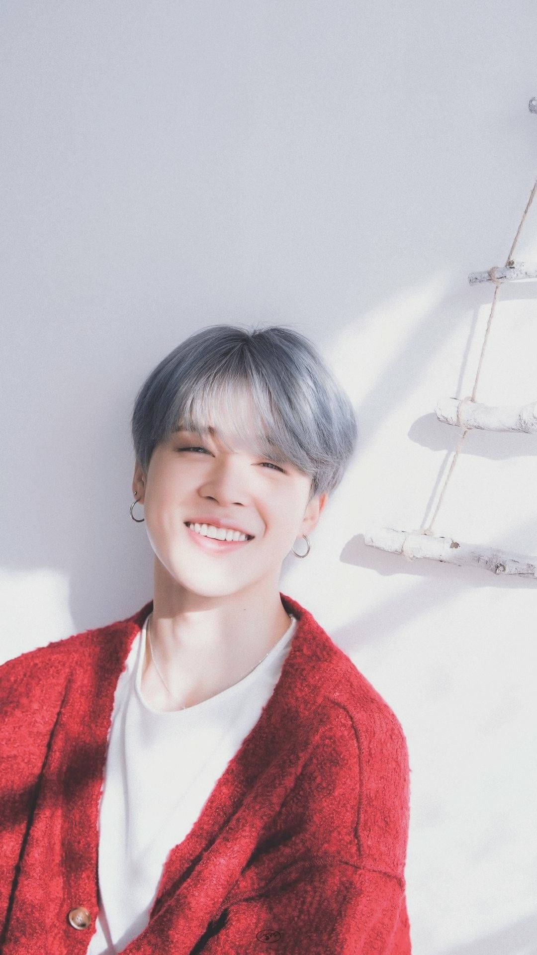 Jimin BTS, red sweater, silver hair, Full HD Phone Wallpaper
