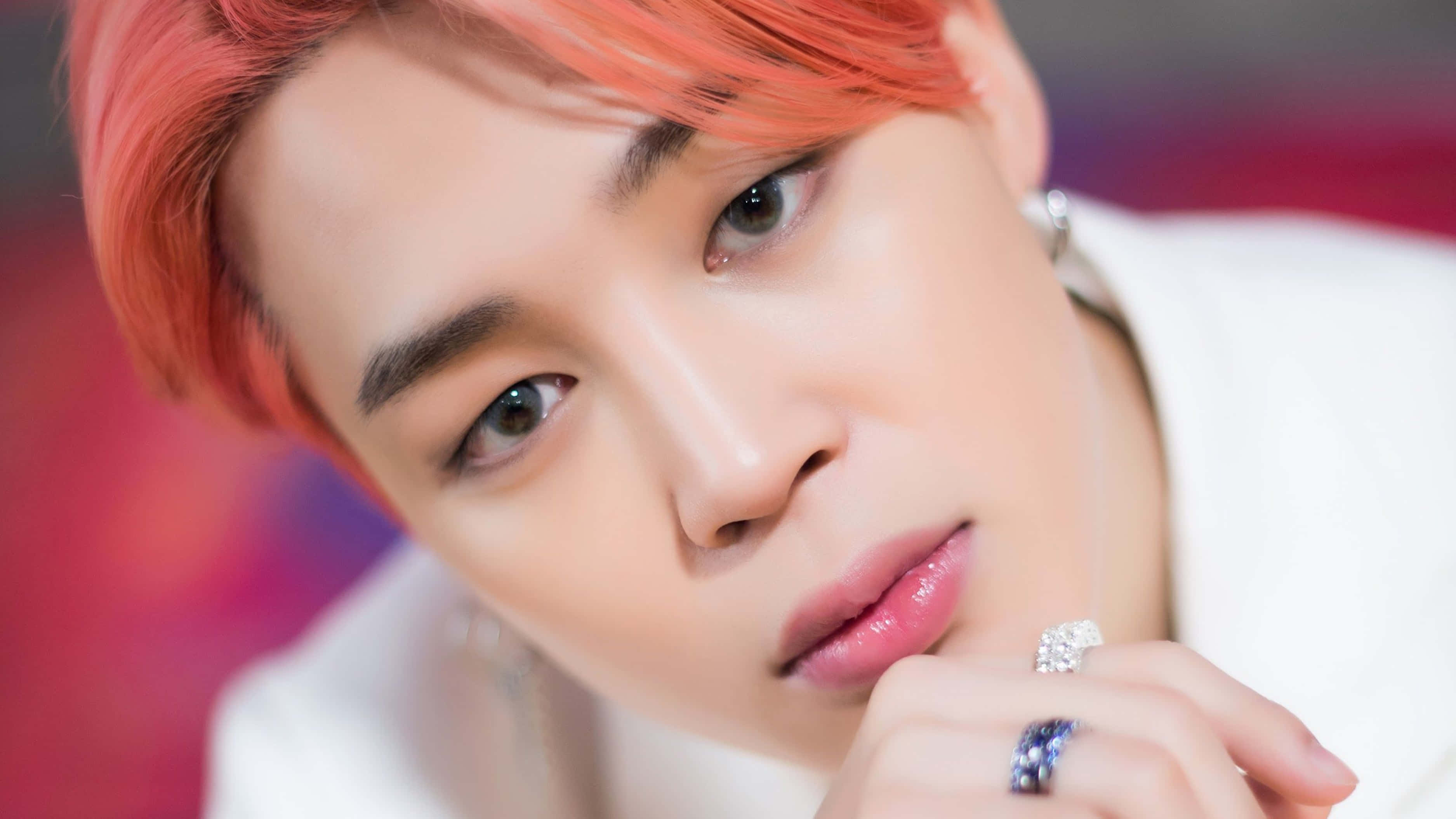 Jimin, vibrant coral hair, diamond rings, 2K Desktop Wallpaper