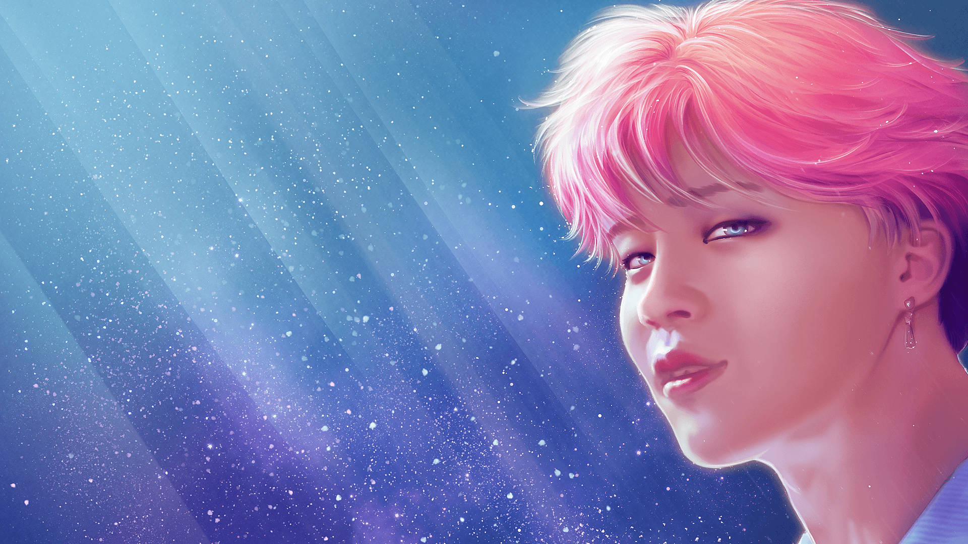 Jimin BTS, vibrant pink hair, cosmic blue background, Full HD Desktop Wallpaper