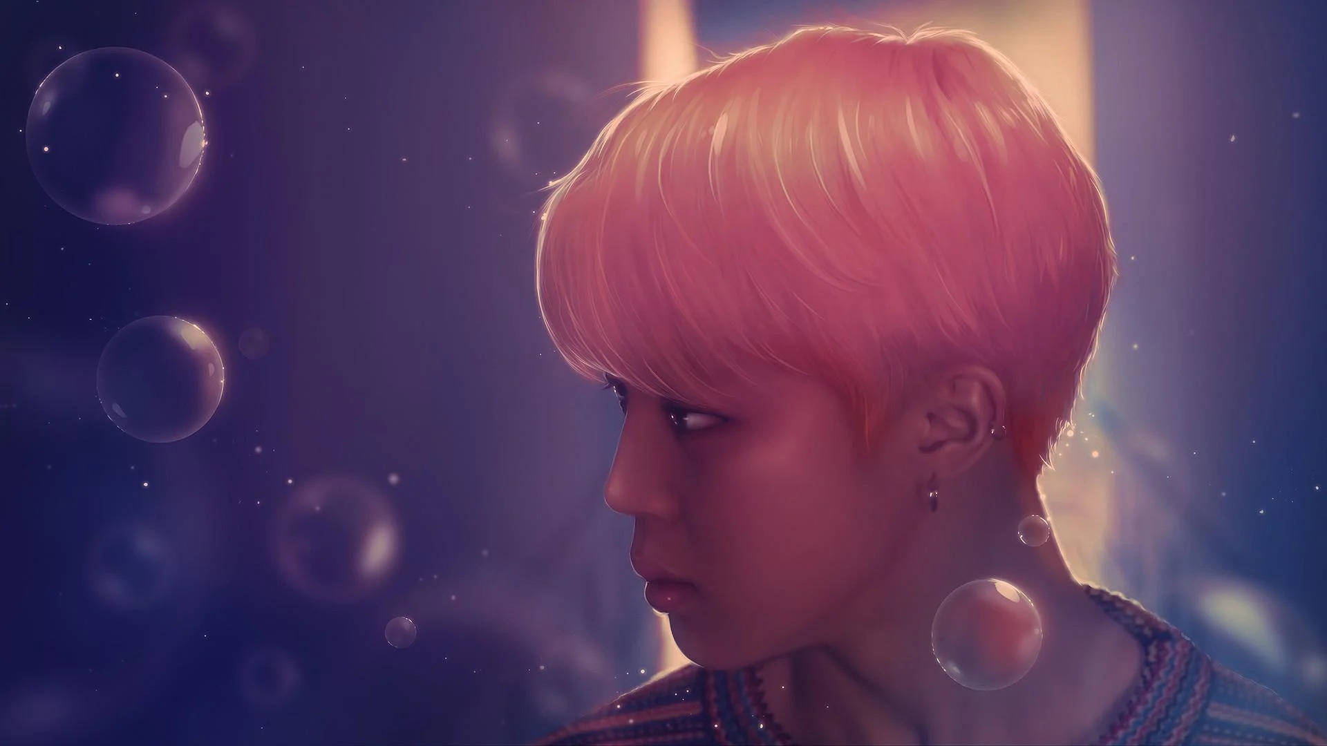 Jimin BTS, short pink hair, glowing bubbles, Full HD Desktop Wallpaper
