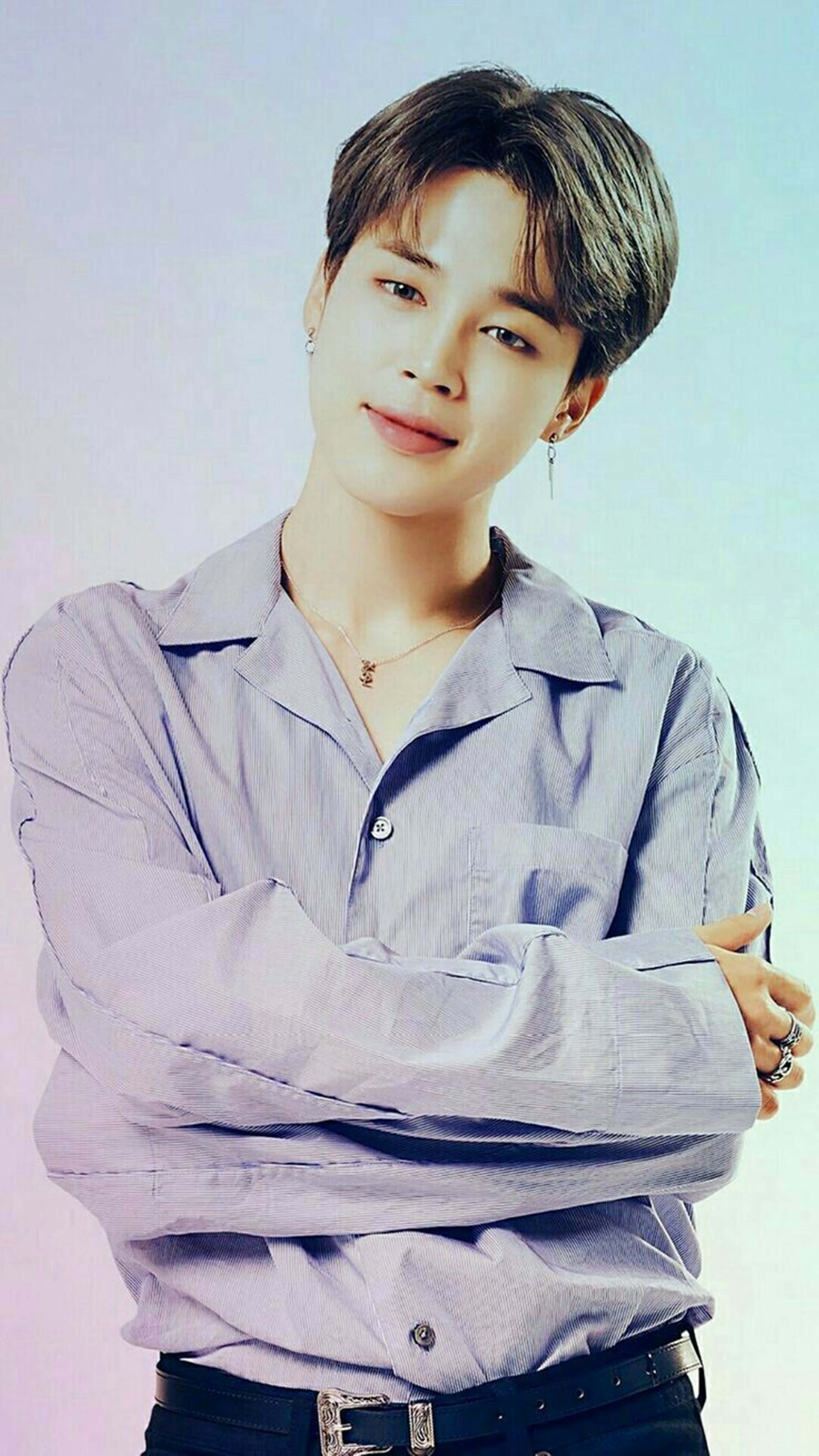 BTS Jimin, light purple button-up shirt, soft gradient background, 5K Phone Wallpaper