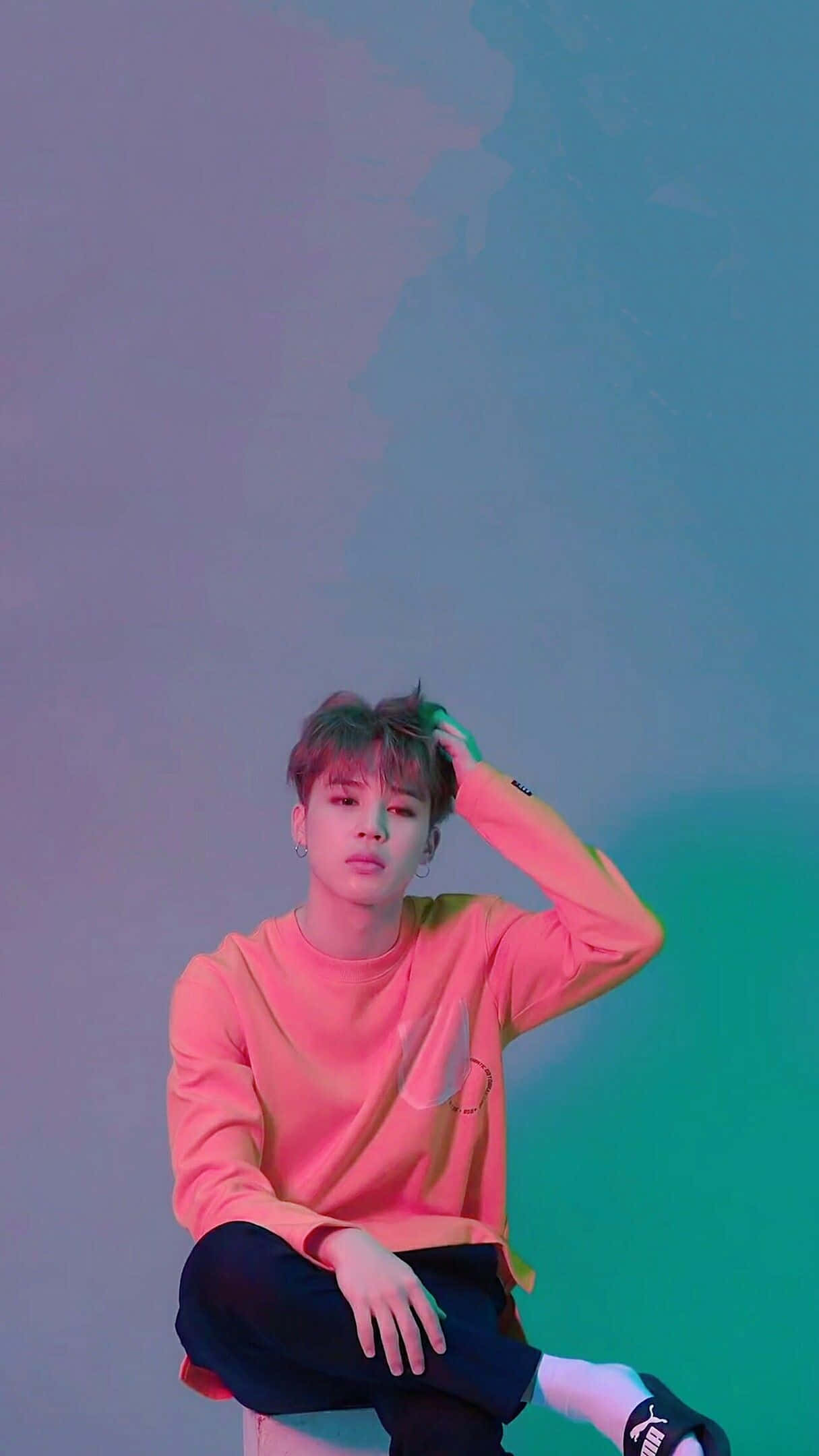 Jimin, pink sweatshirt, gradient purple and teal background, Full HD Phone Wallpaper