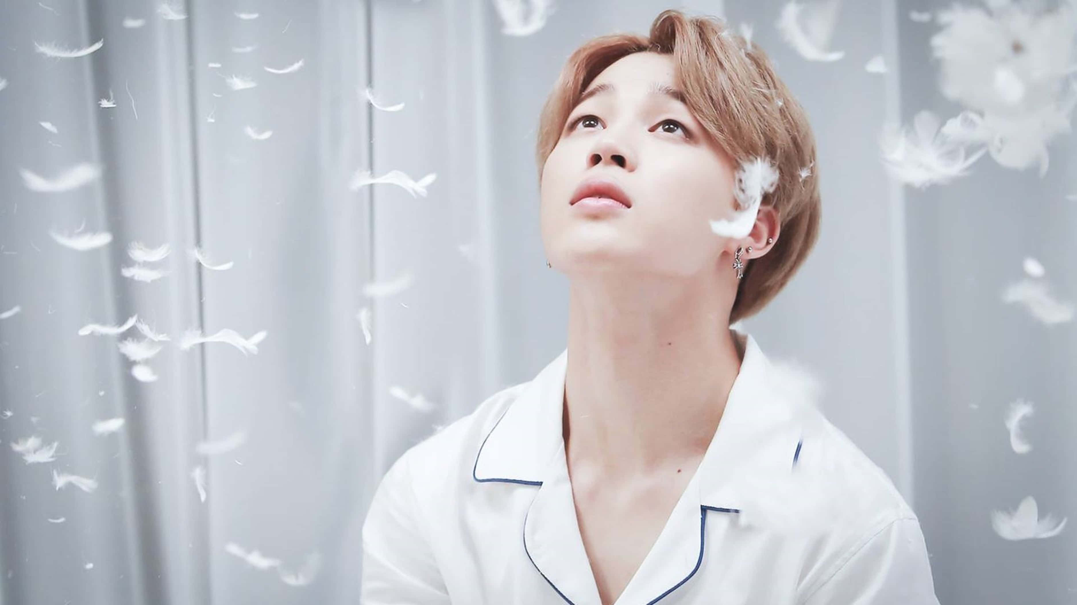 Jimin, white pajamas, soft white feathers, 2K Desktop Wallpaper