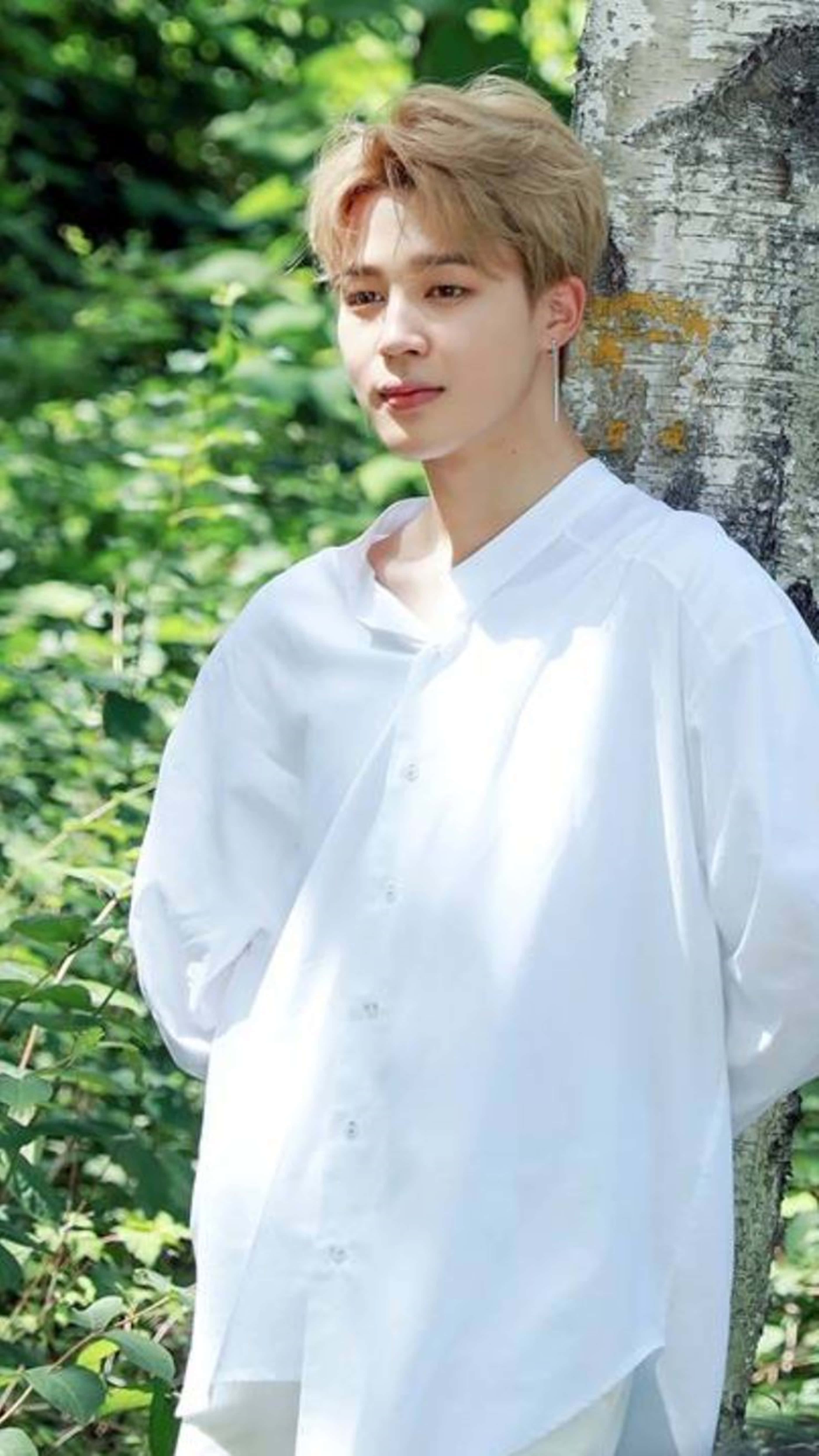 Jimin, white shirt, birch tree, 5K Phone Wallpaper