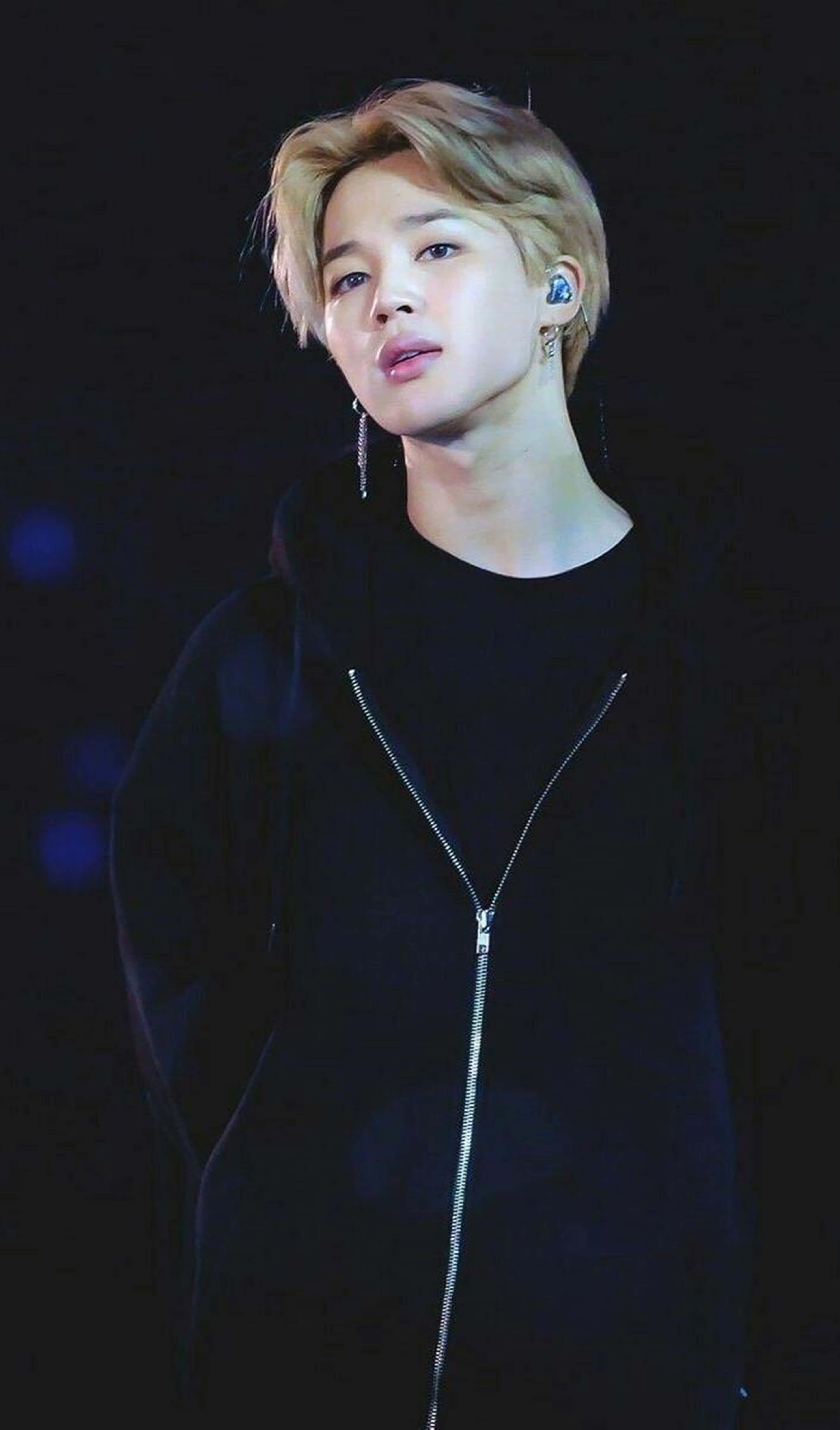 Jimin, black zip-up hoodie, stage lights, 5K Phone Wallpaper