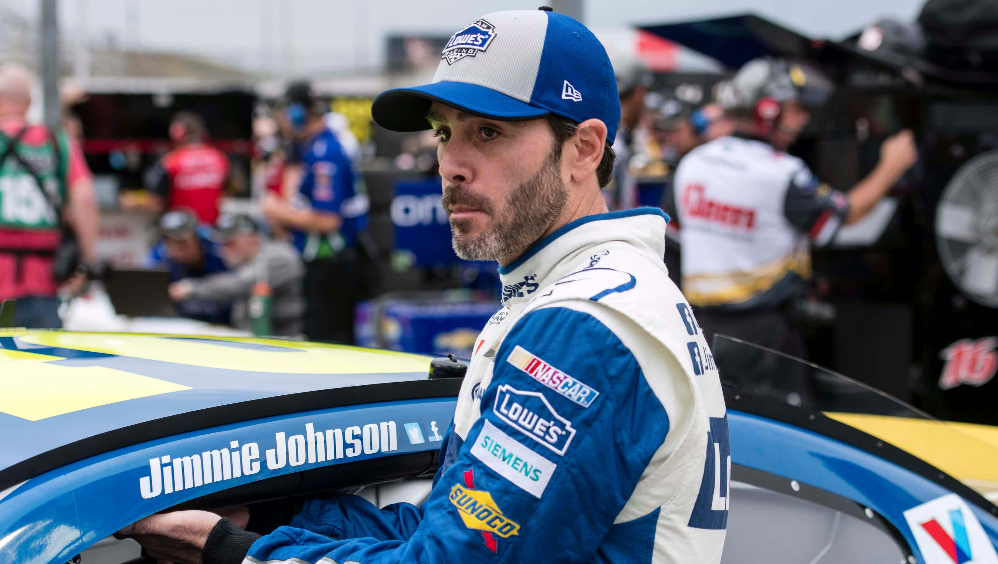 Jimmie Johnson, blue and white racing suit, vibrant blue yellow and black race car, 2K Desktop Wallpaper