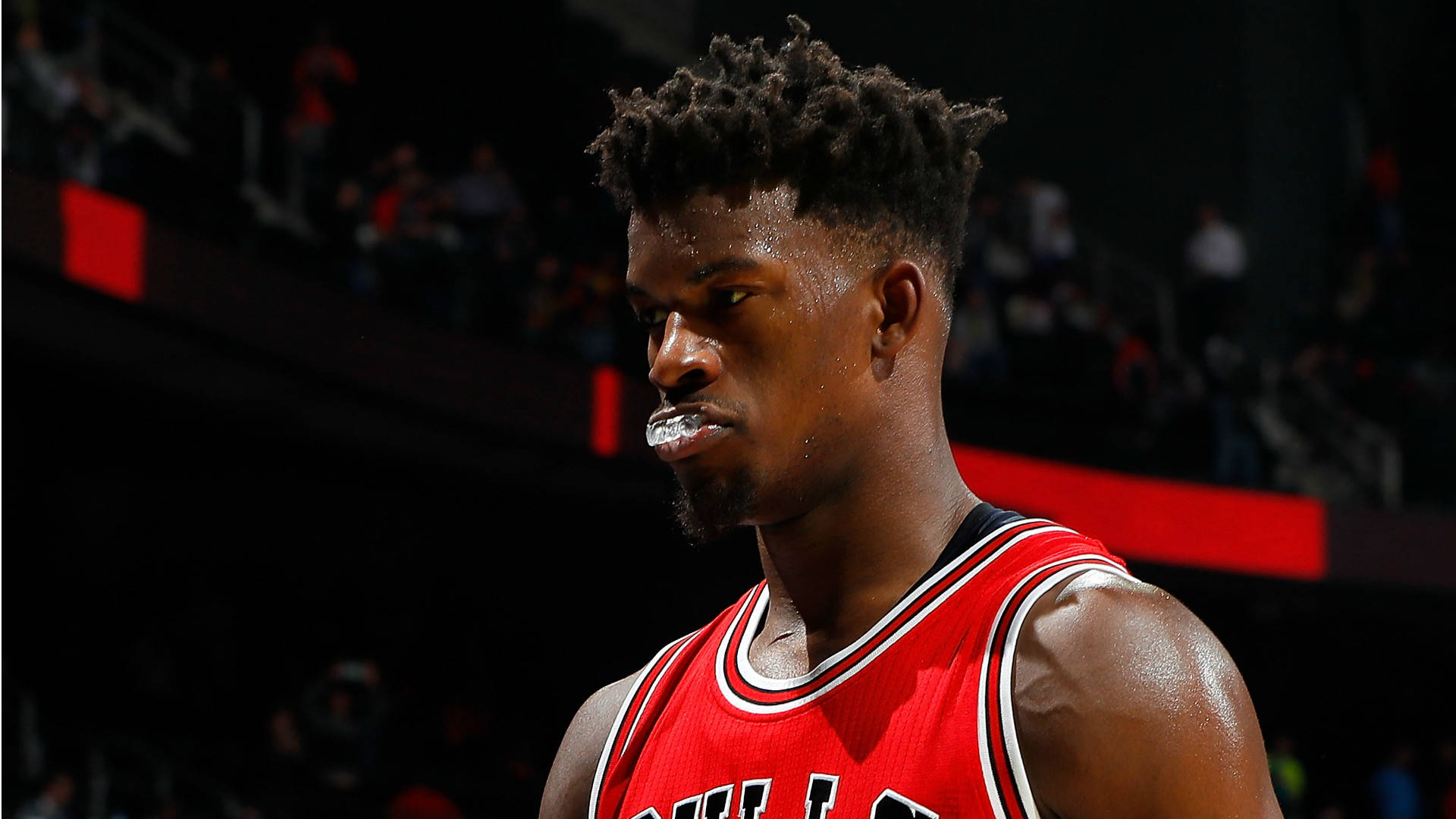 Jimmy Butler, red jersey, bright arena lights, Full HD Desktop Wallpaper
