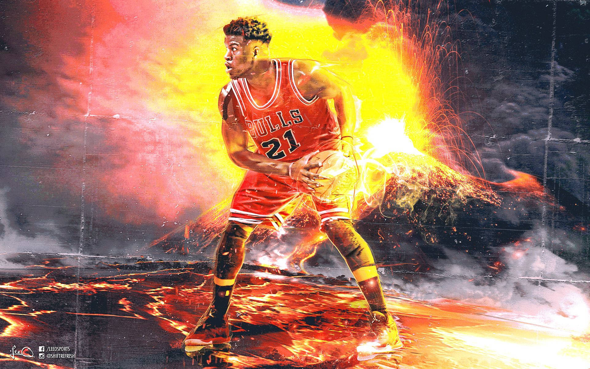 Jimmy Butler, red Bulls jersey, fiery battlefield, Full HD Desktop Wallpaper