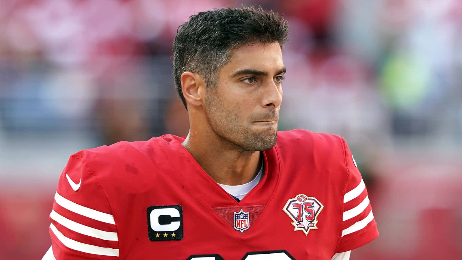 Jimmy Garoppolo, red jersey, captain patch, HD Desktop Wallpaper