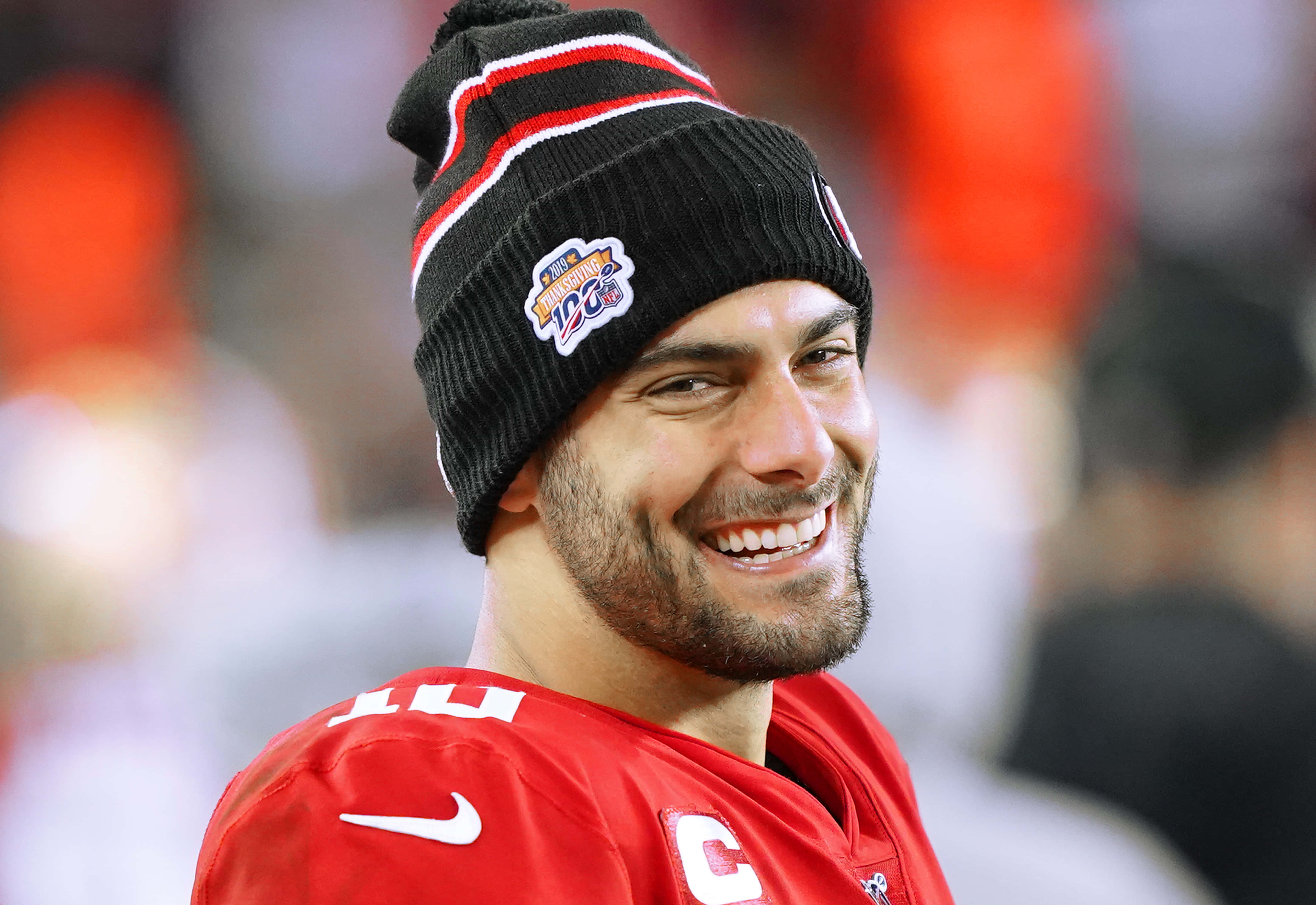 Jimmy Garoppolo, red jersey, black beanie, 4K Desktop Wallpaper