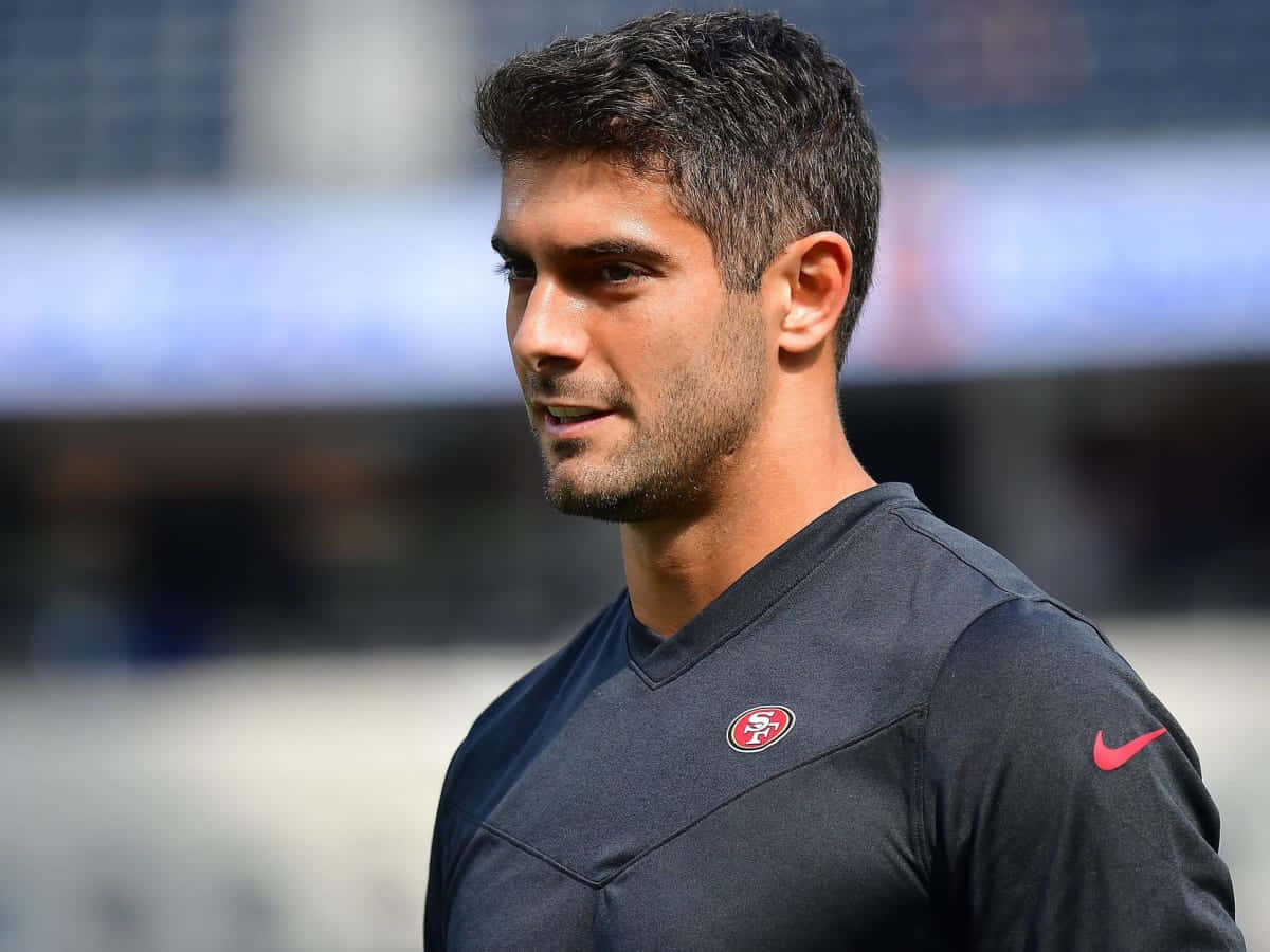 Jimmy Garoppolo, dark training jersey, red logo, SD Desktop Wallpaper