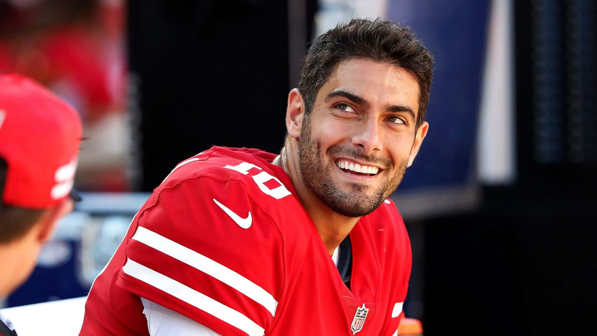 Jimmy Garoppolo, red jersey, white stripes, Full HD Desktop Wallpaper