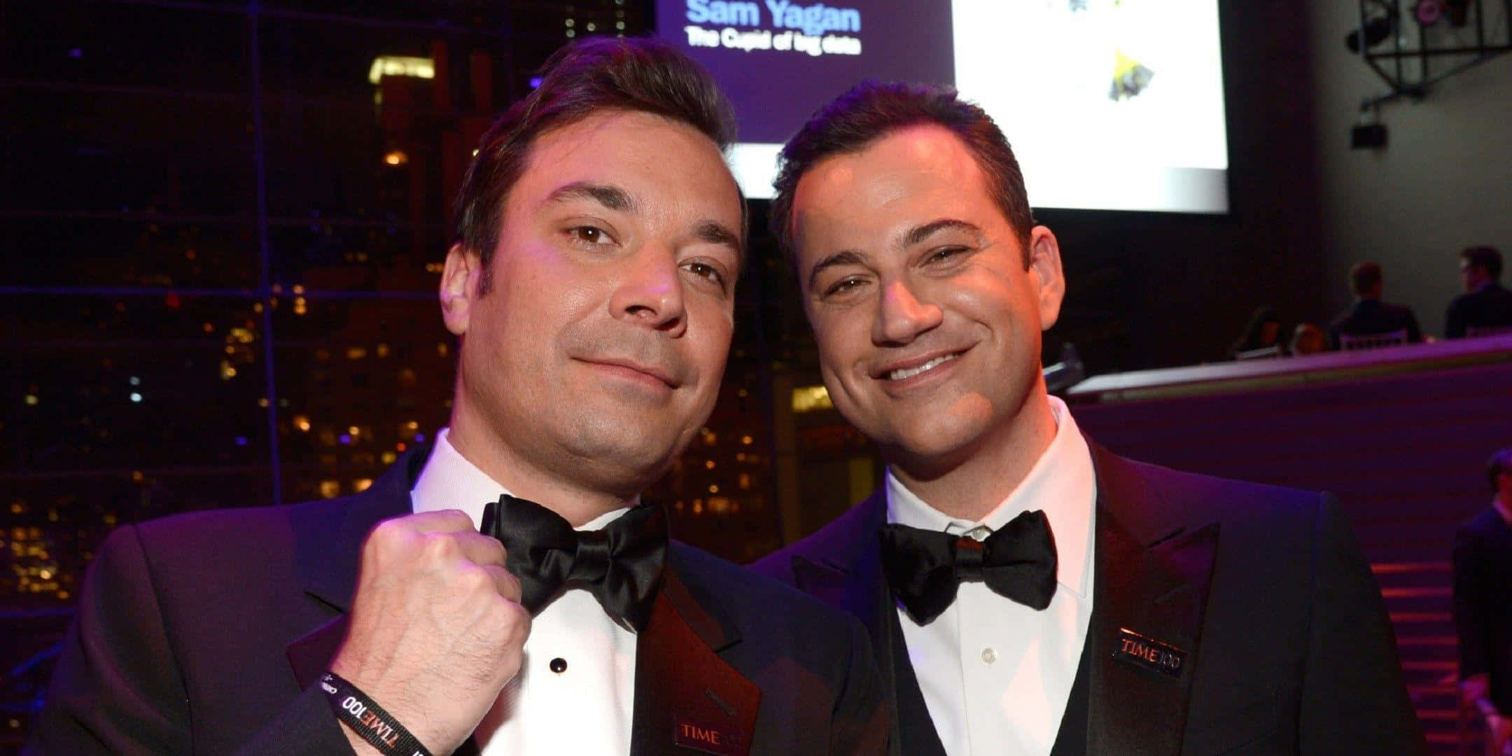 Jimmy Kimmel, tuxedos, city lights, Full HD Desktop Wallpaper