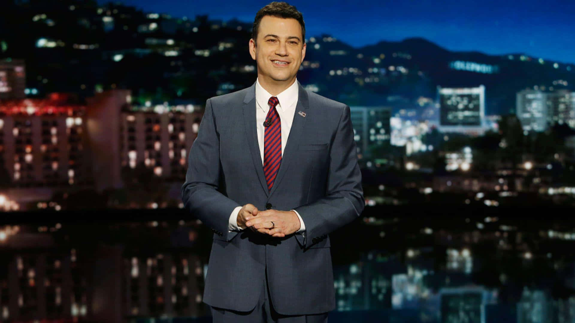 Jimmy Kimmel, suit, nighttime cityscape, Full HD Desktop Wallpaper