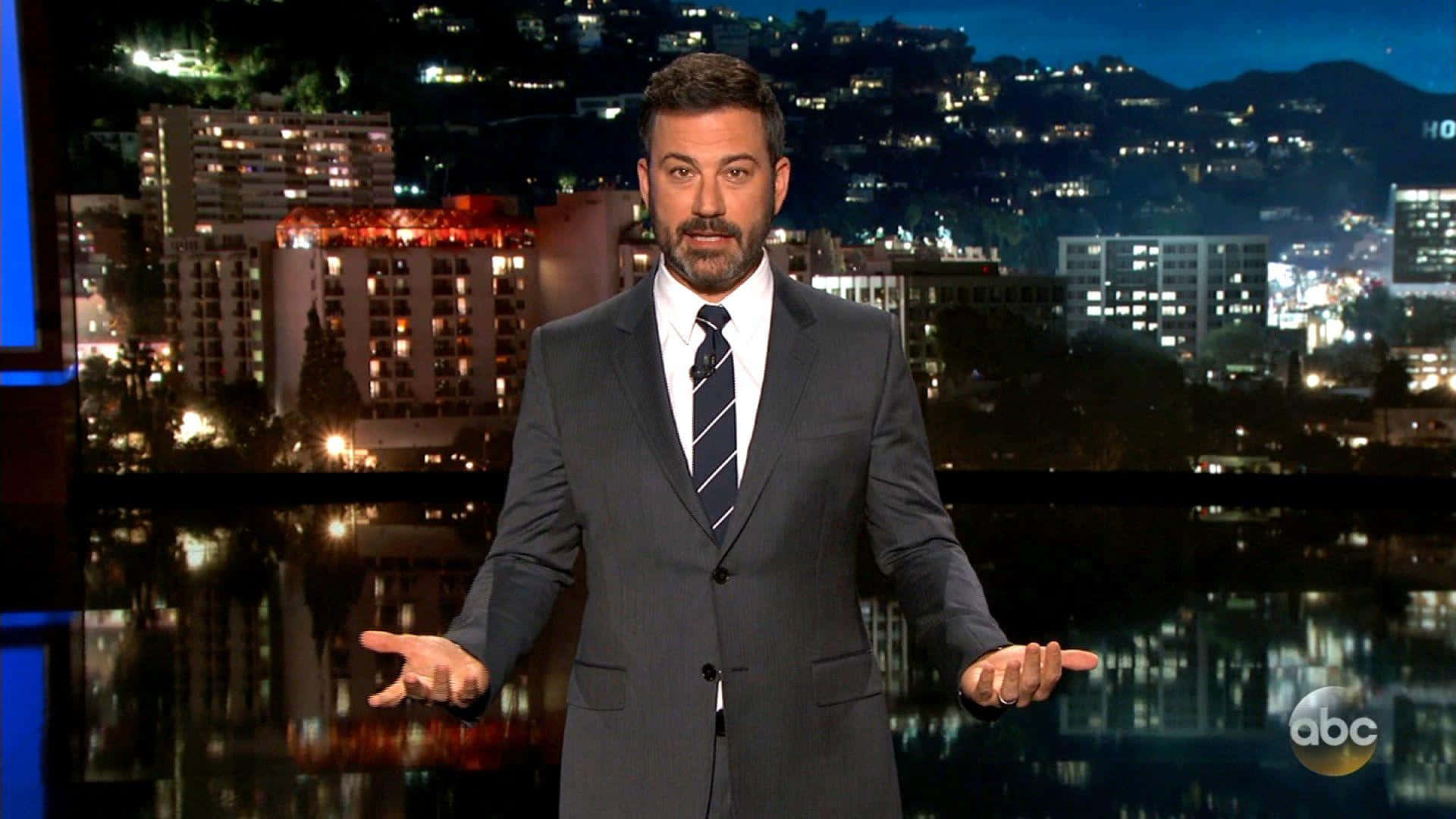 Jimmy Kimmel, talk show set, nighttime cityscape, Full HD Desktop Wallpaper