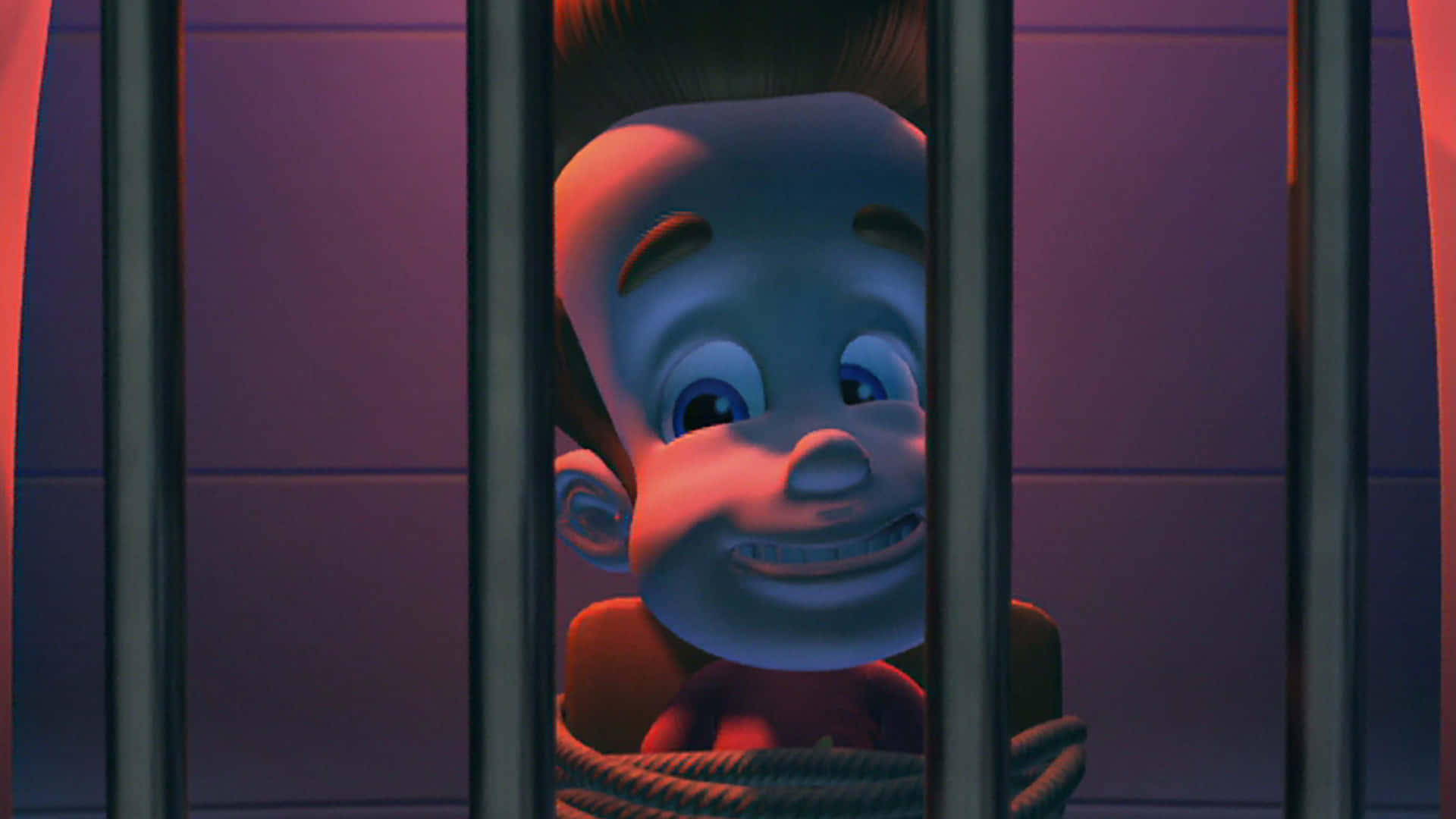 Jimmy Neutron Boy Genius, prison bars, purple and orange lighting, Full HD Desktop Wallpaper