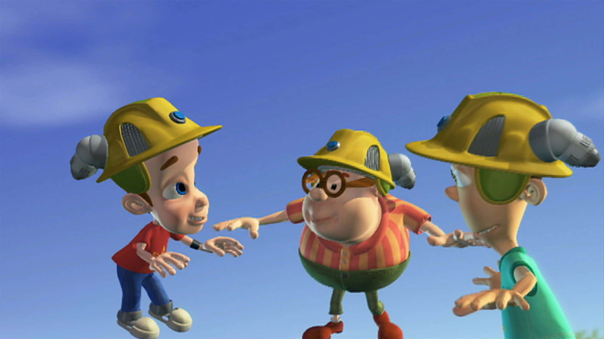 Jimmy Neutron Boy Genius, yellow mining helmets, clear blue sky, Full HD Desktop Wallpaper