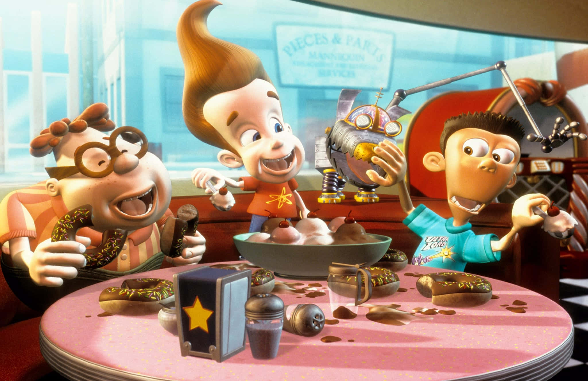 Jimmy Neutron Boy Genius, donut shop, pink diner table, Full HD Desktop Wallpaper