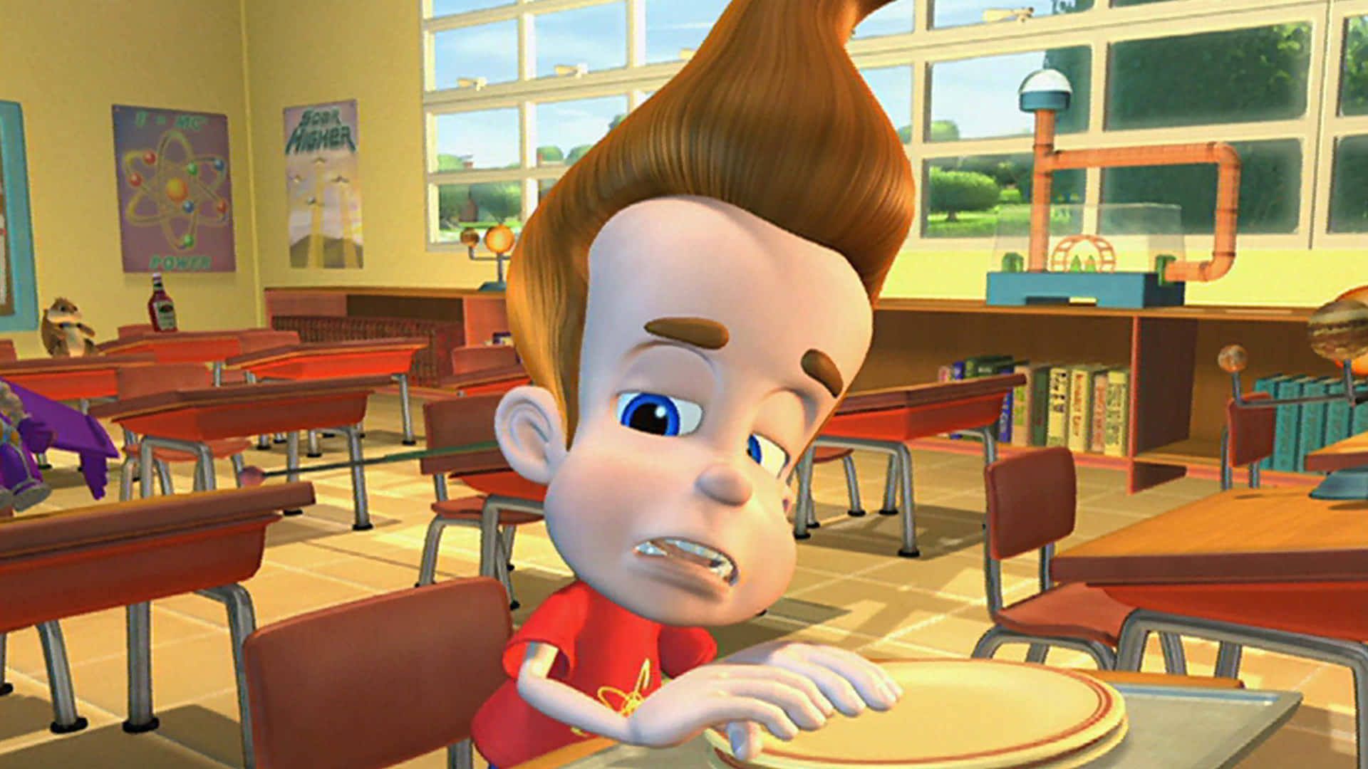Jimmy Neutron Boy Genius, spiky hair, school desk, Full HD Desktop Wallpaper